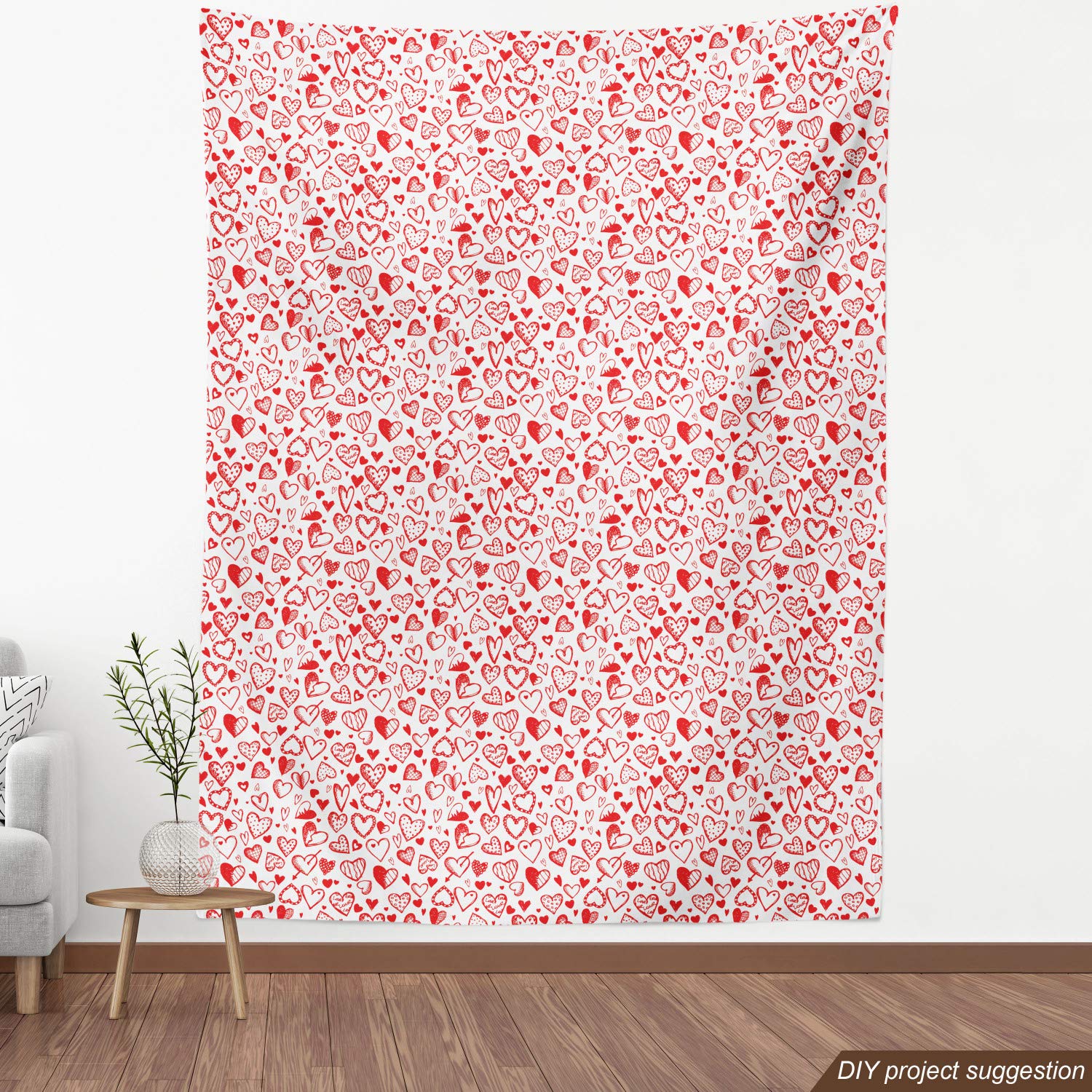 Ambesonne Valentine's Day Fabric by The Yard - Red & White Romantic Print with Hearts, Dots & Arrows | 10 Yards Scarlet & White Decorative Fabric for Upholstery, DIY Home Decor, Table Runners, Throw Pillows & Craft Projects