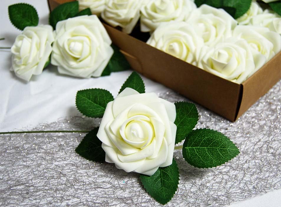 Evershine 25-Pack Realistic Artificial Foam Roses with Stems - Ivory White DIY Wedding Bouquets, Bridal Shower, Home & Party Decorations - Perfect for Centerpieces, Table Arrangements, and Event Styling