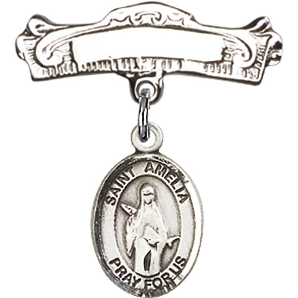 Sterling Silver Baby Badge with St. Amelia Charm - 7/8 X 7/8 Inches Polished Arched Pin - Perfect for Christening, Baptism & First Communion Gifts