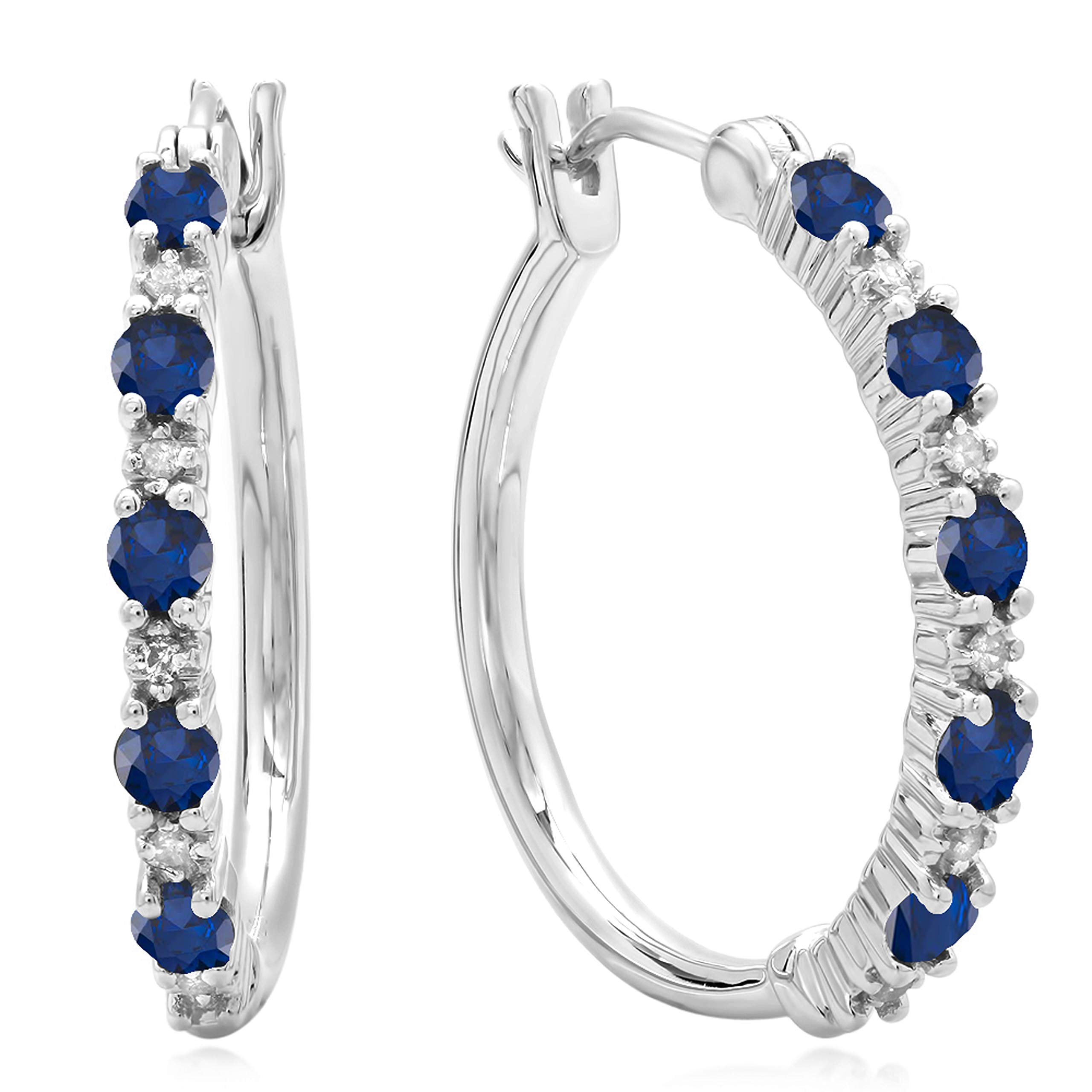 Dazzlingrock Collection 14K Sterling Silver Round White Diamond & Gemstone Hoop Earrings for Women - Elegant Dainty Jewelry for Parties, Weddings & Everyday Wear