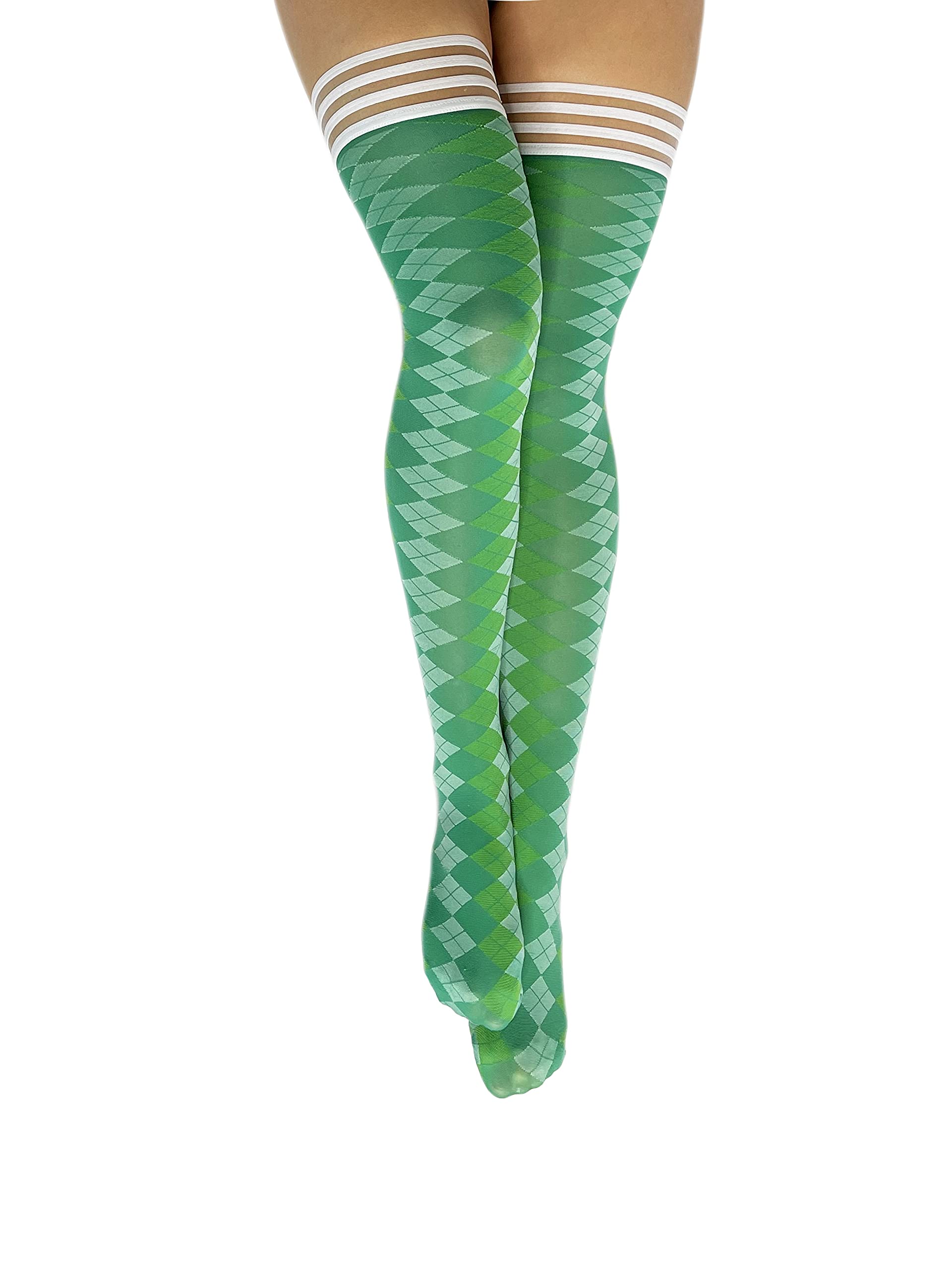 Kix'ies Thigh High Stockings for Women - No Slip Grip Stay Up Thigh Bands, Sexy Lingerie & Hosiery (Green Argyle Pattern) | Perfect for Date Nights, Office Wear & Special Occasions