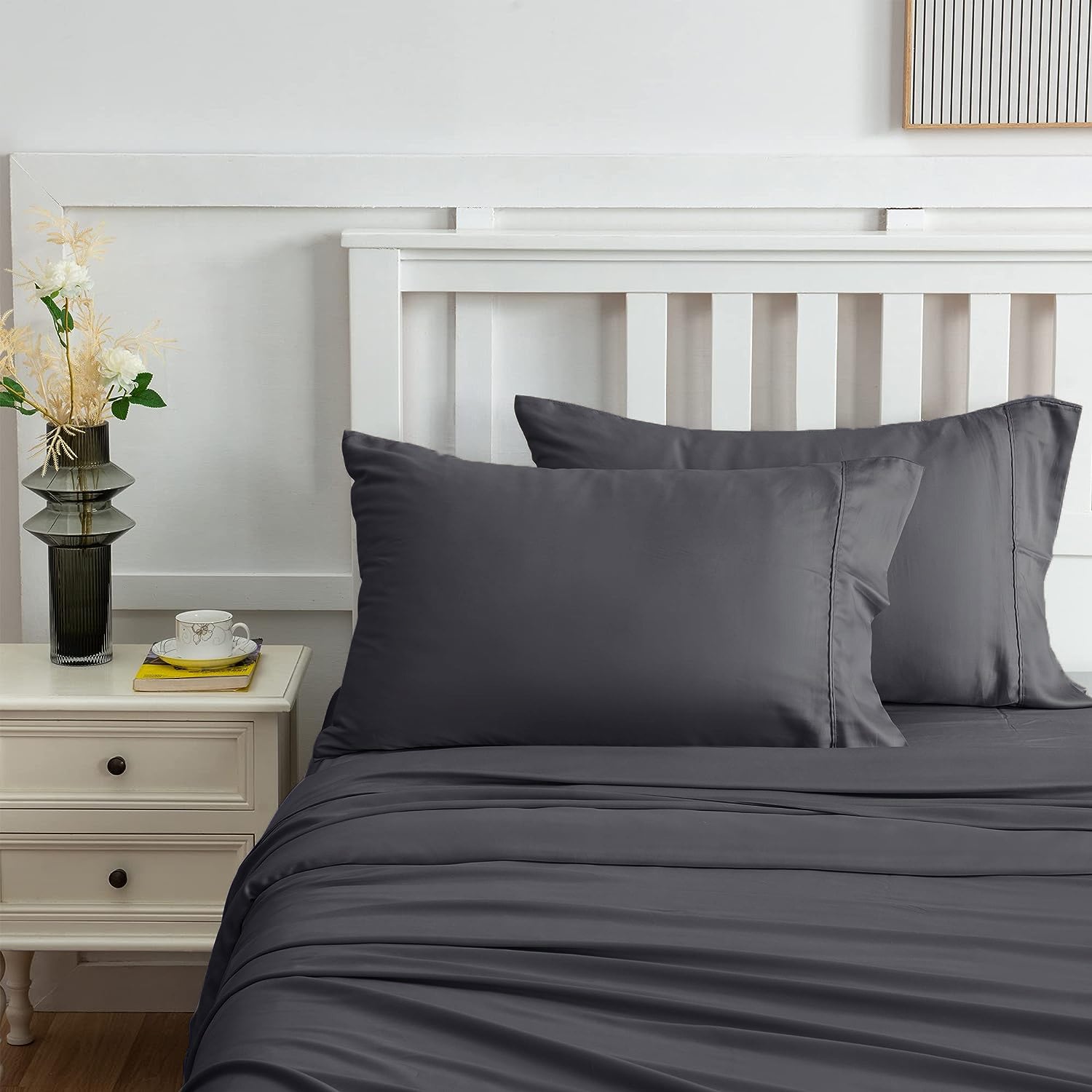Premium 100% Bamboo Sheet Set 400 Thread Count - King Size Bed Sheets in Charcoal Gray | Ultra Soft & Breathable for Cool Sleep | Perfect for Master Bedroom, Guest Room & Luxury Hotels