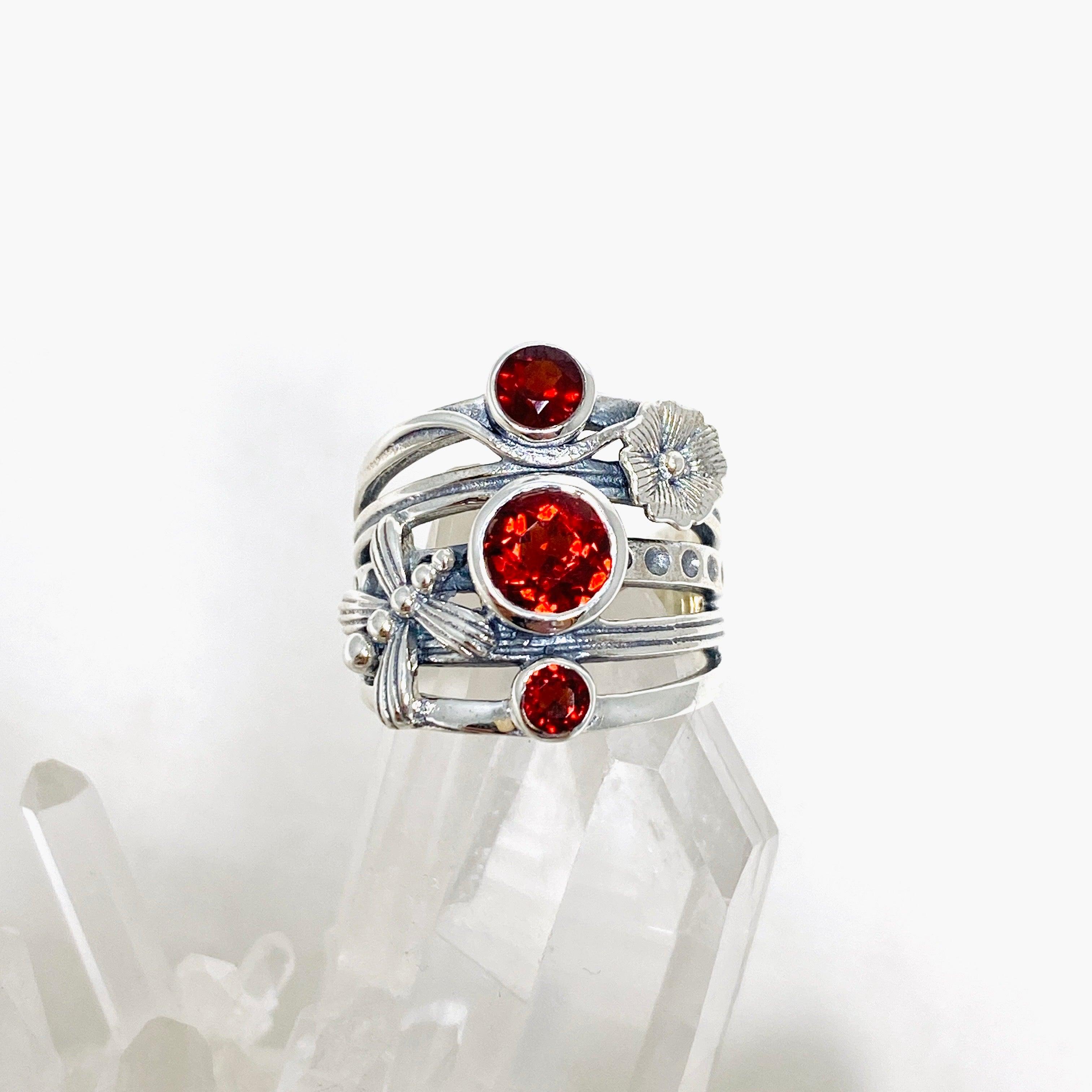 Garnet Faceted Multi-Stone Ring with Floral Accents - Elegant Vintage Jewelry for Women - Perfect for Weddings, Parties & Special Occasions