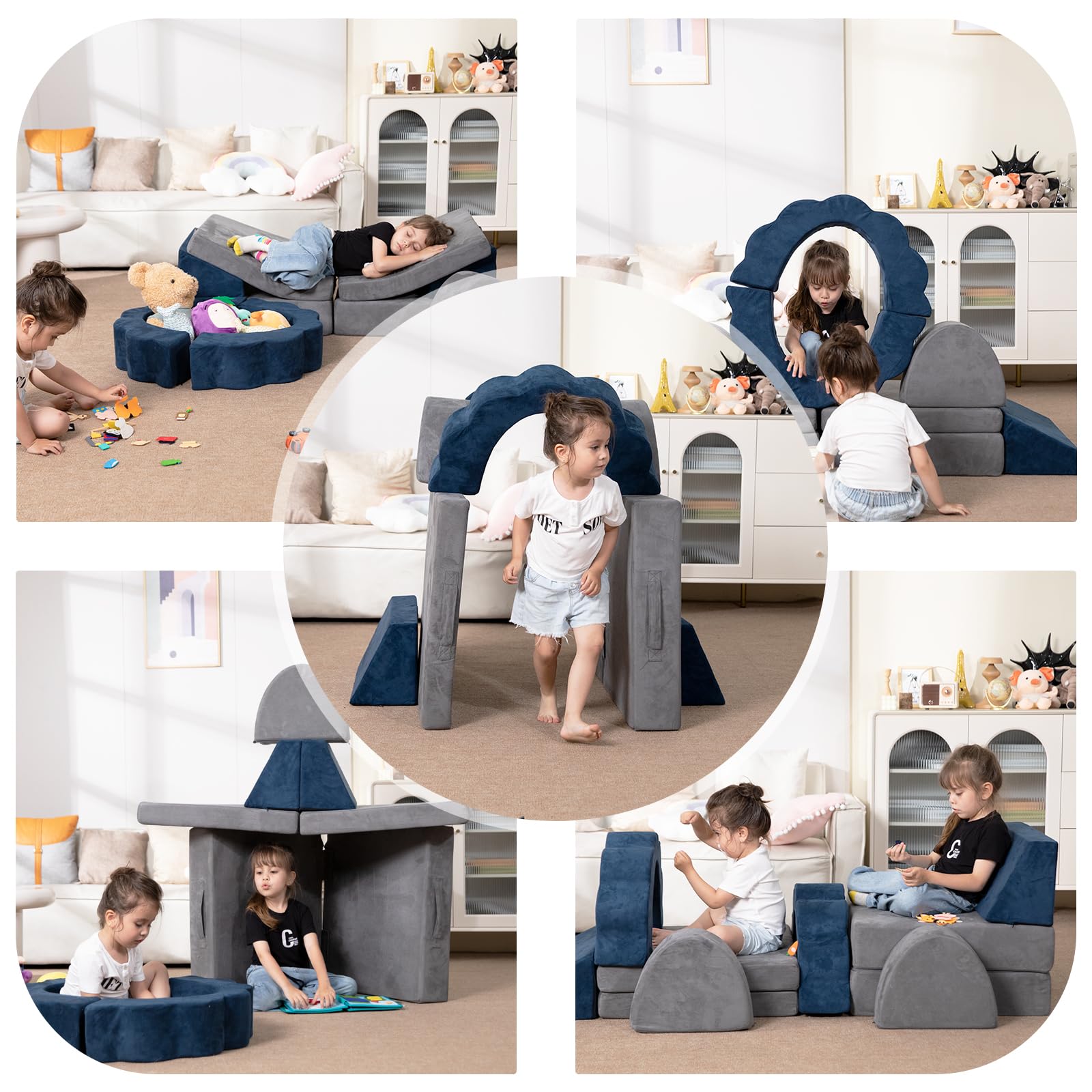 10PCS Kids Modular Foam Sofa Set - Convertible Toddler Play Couch for Boys & Girls, Grey & Blue (YME0008) | Indoor Playroom Furniture for Creative Play & Imaginative Fun
