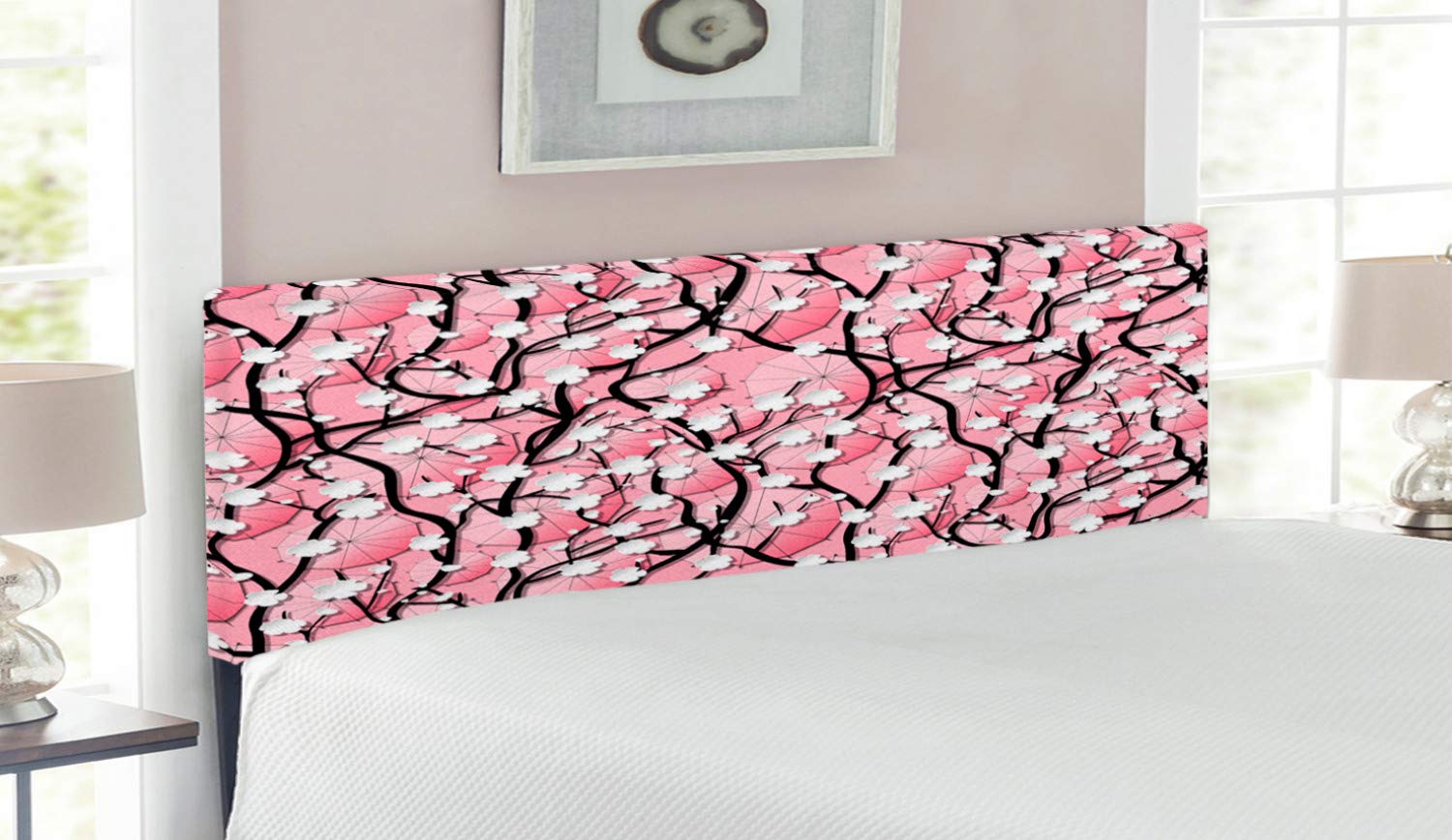 Ambesonne Japanese Sakura Tree Floral Headboard - Queen Size Upholstered Metal Bed Frame with Memory Foam | Black & Pink Cherry Blossom Design for Bedroom Decor | Perfect for Asian-Themed, Romantic & Zen Home Interiors