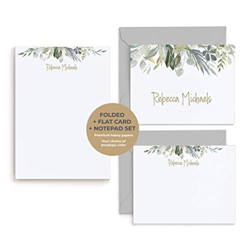 Personalized Stationery Gift Set - Floral Flat & Folded Cards, Envelopes & Notepad - Blue Green Grey Wedding or Women's Stationary Bundle - Perfect for Bridal Shower, Thank You Notes & Special Occasions