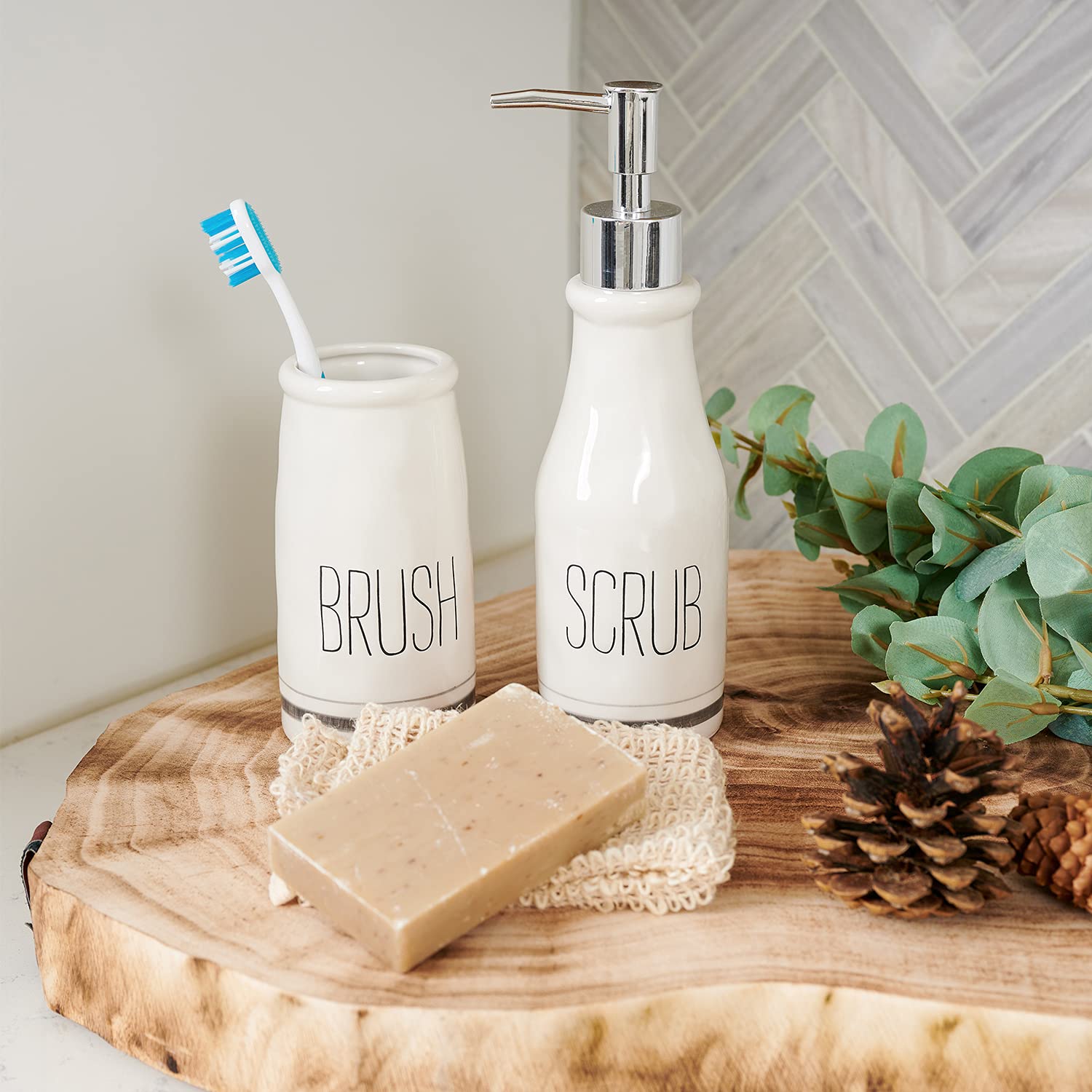 Mud Pie Bistro Soap Dispenser and Toothbrush Holder Set - White Ceramic Bathroom Organizer for Farmhouse & Modern Decor | Perfect for Kitchen, Bathroom, and Guest Room Storage