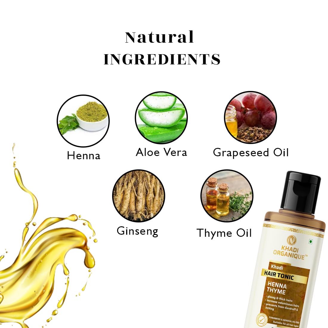 Khadi Organique Henna & Thyme Natural Hair Tonic - Paraben & Mineral Oil Free (1 Pack) | Promotes Hair Growth & Scalp Health for All Hair Types