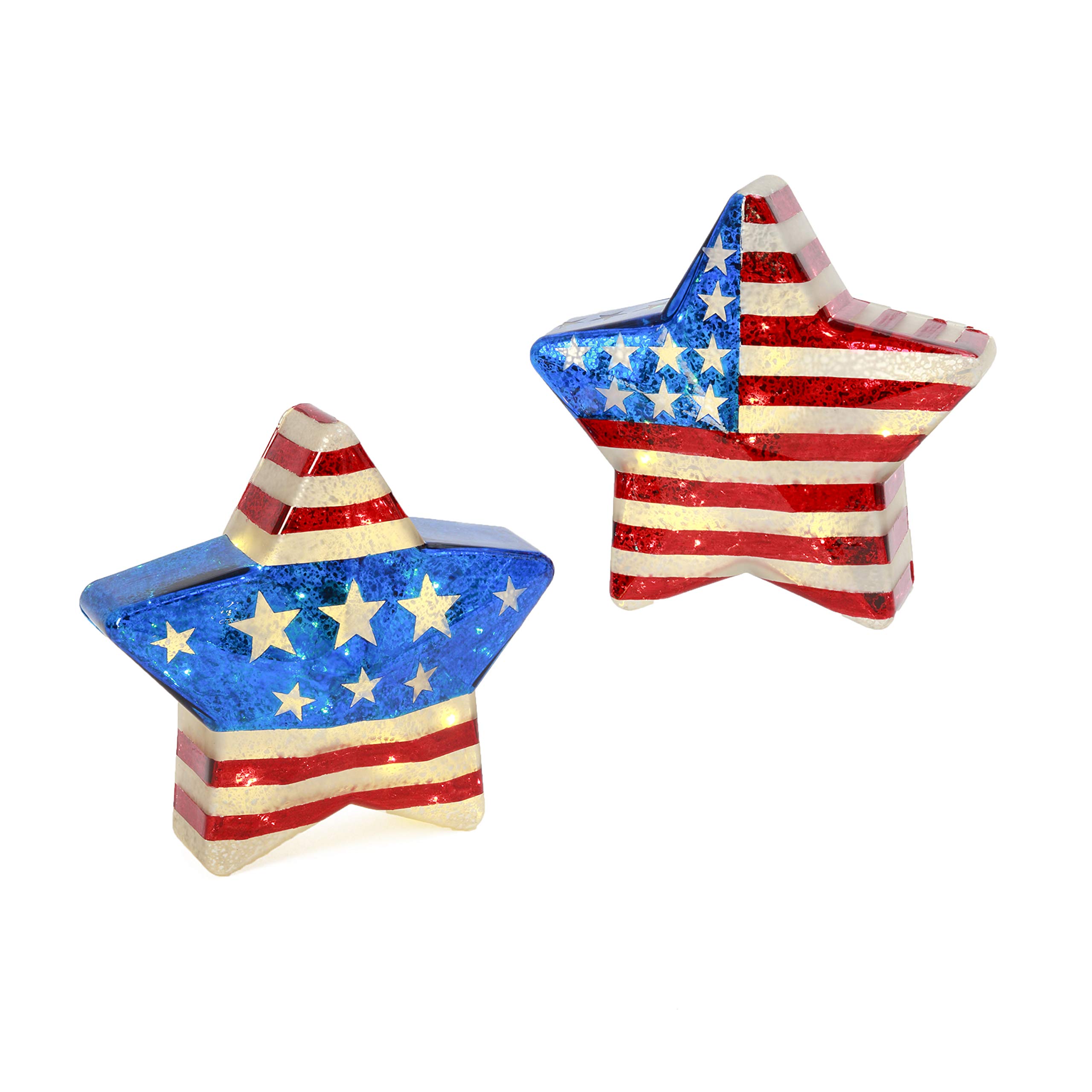 Battery-Operated Mercury Glass Americana Stars with Timer - Set of 2 Vintage Christmas Decorations for Holiday Tree, Mantel & Home Decor