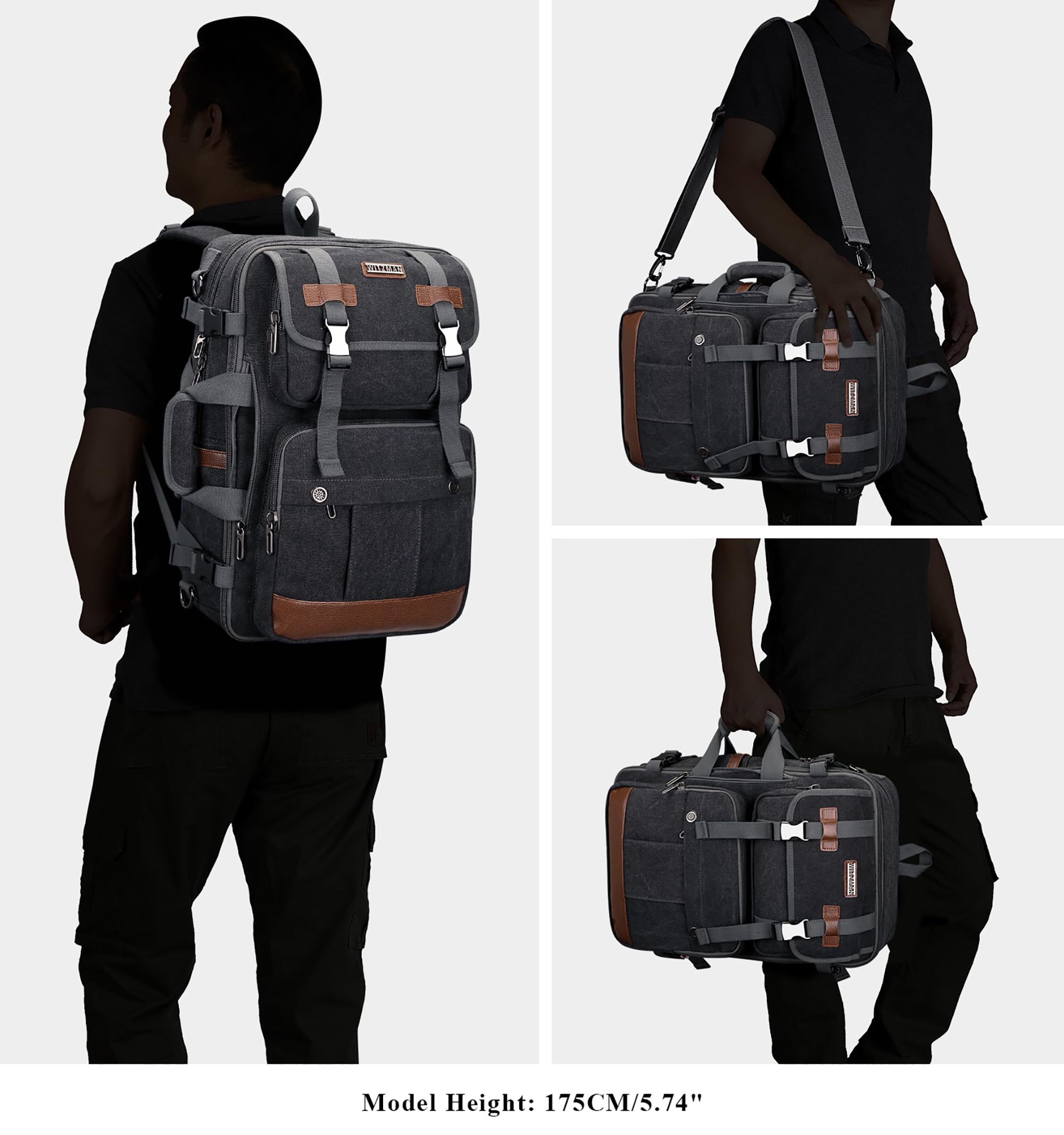 WITZMAN Large Travel Backpack for Men - 17 Inch Laptop Backpack, Airline Approved Carry-On, Convertible Shoulder Rucksack (A6617-3 Black) - Perfect for Business Trips, Commuting & Outdoor Adventures