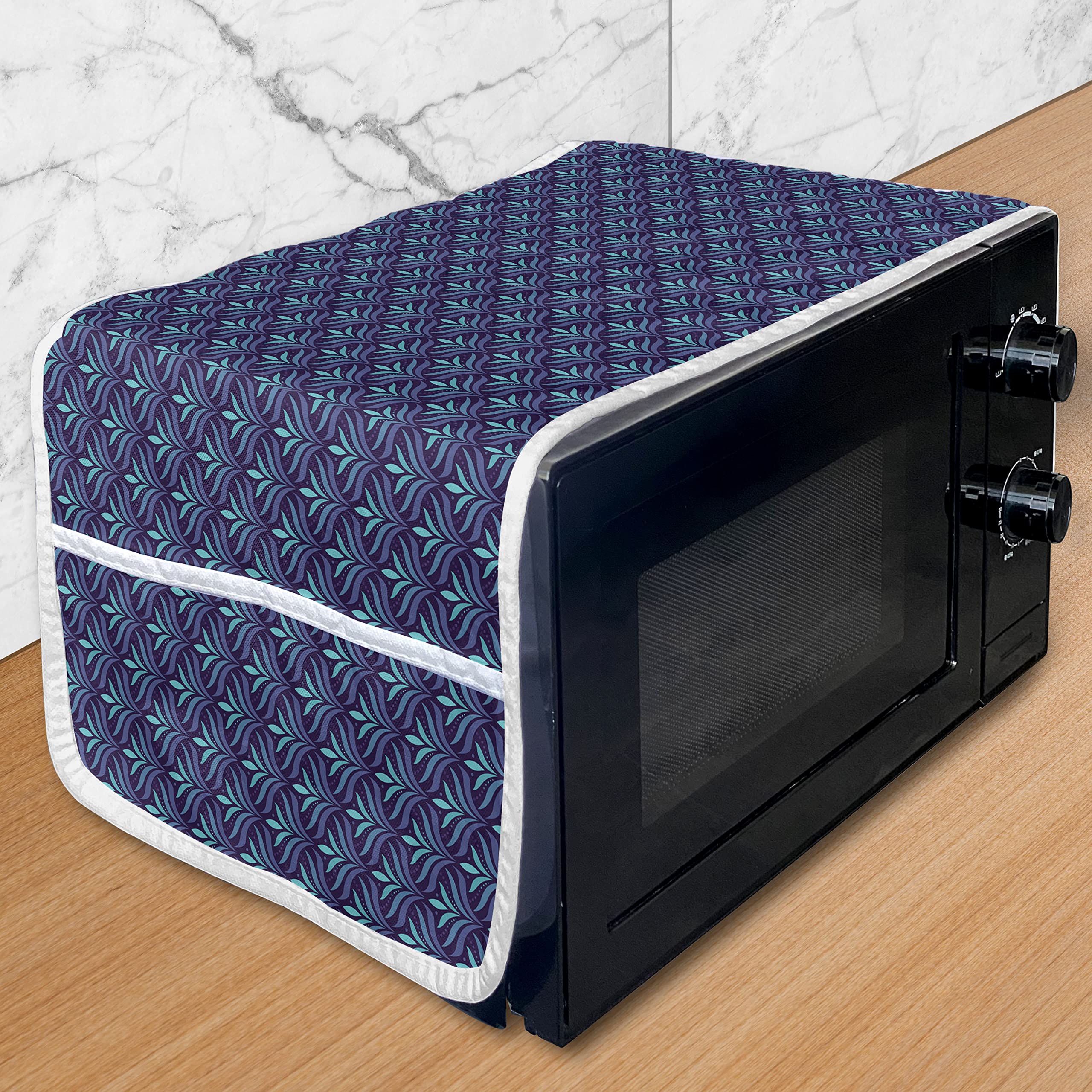 Ambesonne Art Deco Microwave Oven Cover - Bohemian Style Abstract Floral Print with Violet Leaves, Waterproof Kitchen Organizer with Storage Pockets, 36
