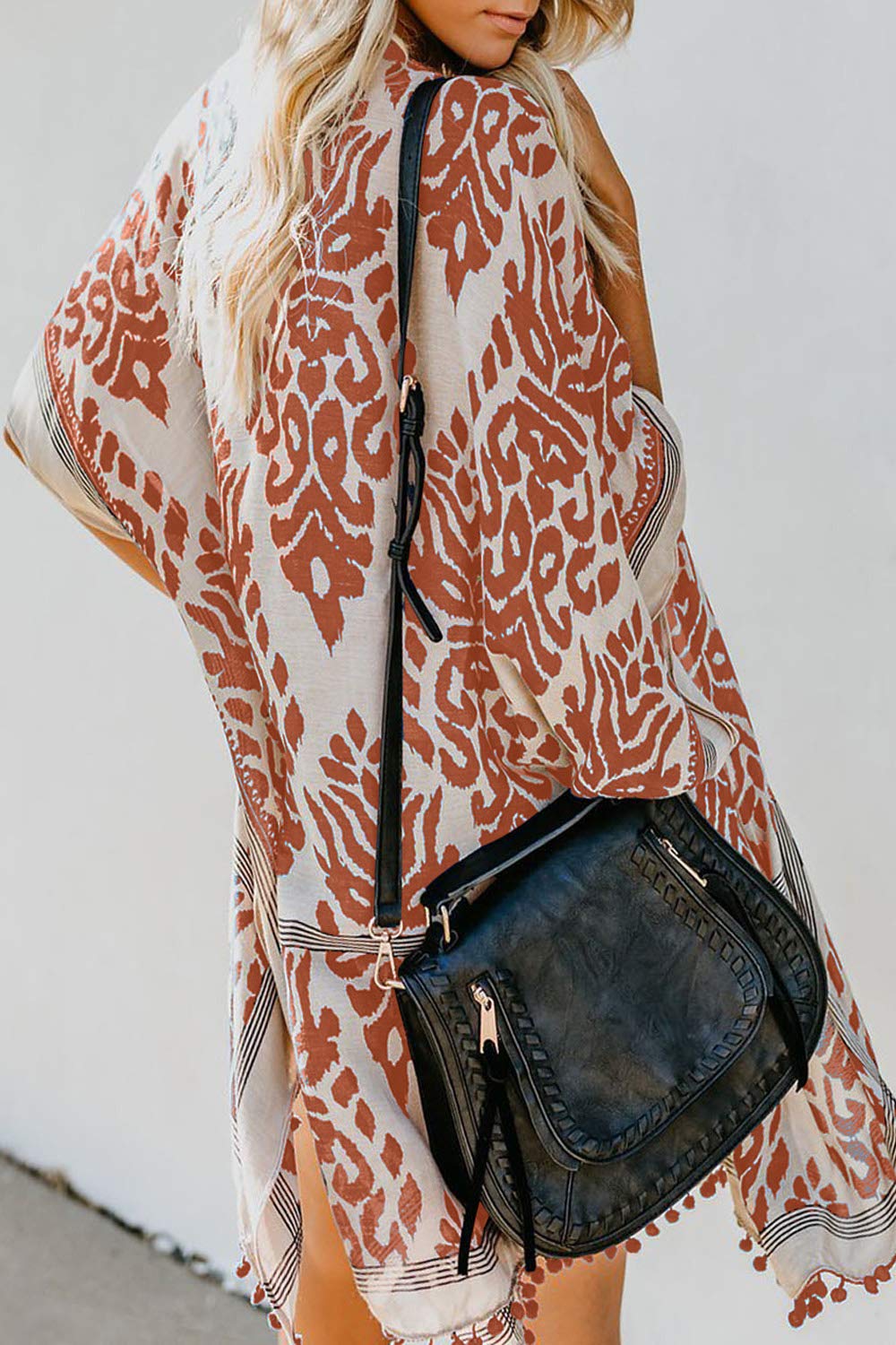 Women's Floral Print Kimono Beach Cover Up - Lightweight Tassel Cardigan for Swimsuits, Summer Outfits & Casual Wear - Perfect for Poolside, Vacations & Boho Fashion (C-Orange)