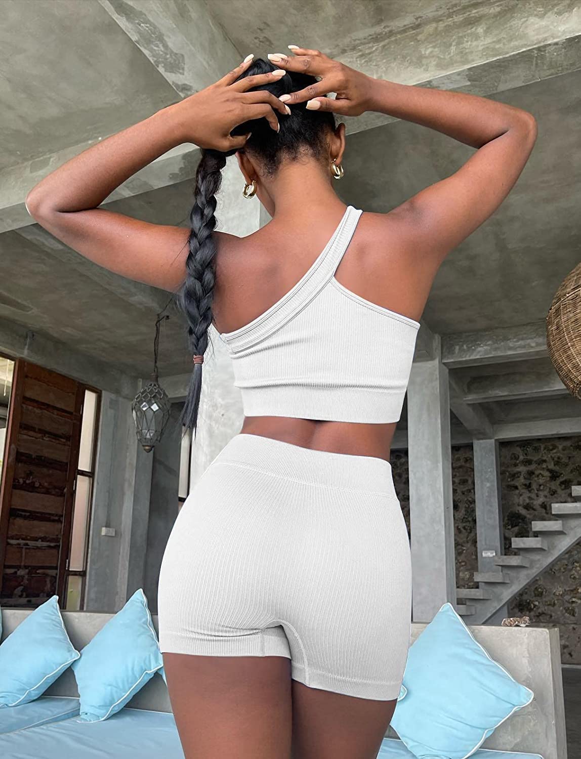 Women's 2-Piece Workout Set - Ribbed High Waisted Shorts & Seamless Sports Top | Gym Outfits, Yoga Clothes, Running Tracksuits for Active Women