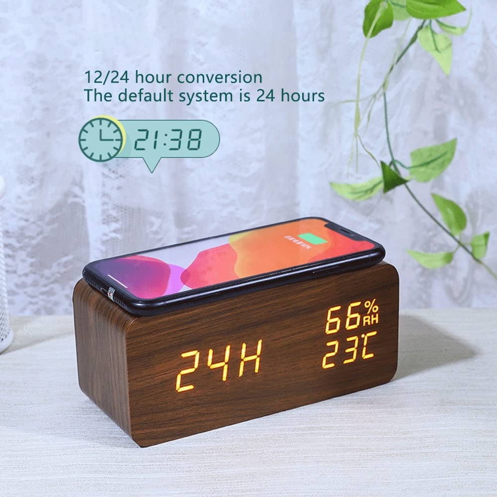 Digital Alarm Clock with Temperature & Humidity Display - Wireless Charger for Smartphones, LED Display, Brown - Perfect for Bedroom, Office, and Travel Use