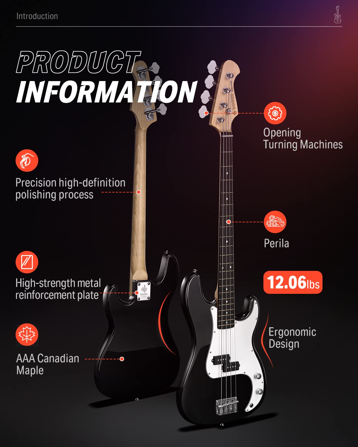 **Donner DPB-510D 4-String Electric Bass Guitar Full Size, PB-Style Beginner Bass Kit with Gig Bag, Strap & Cable – Black | Ideal for Beginners, Practice & Live Performances**