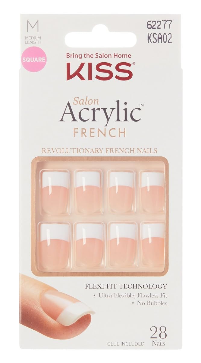 KISS Salon Acrylic French Nails Kit - Medium Length False Nails with Glue (2 Pack) | Perfect for Parties, Weddings & Special Occasions