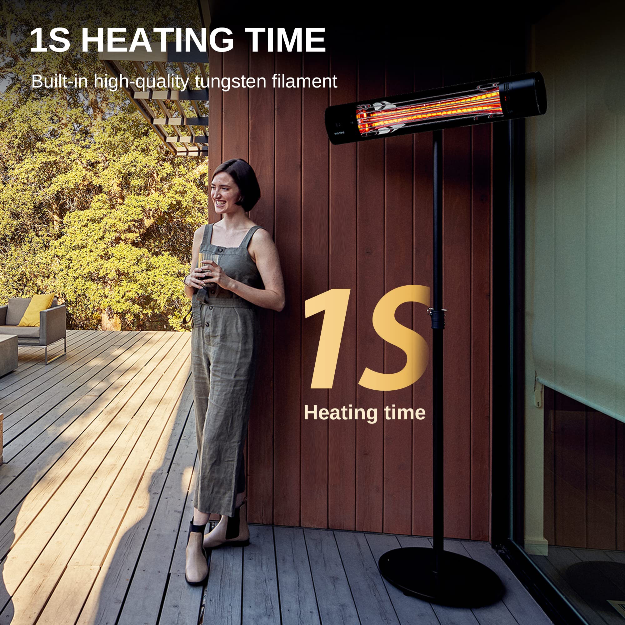 EAST OAK 1500W Indoor Outdoor Electric Patio Heater - Wall Mount & Standing Infrared Heater with IP65 Waterproof, Overheat Protection, Tip-Over Safety, 3 Heat Settings & 24H Timer - Perfect for Patio, Deck, Garage & Winter Outdoor Heating