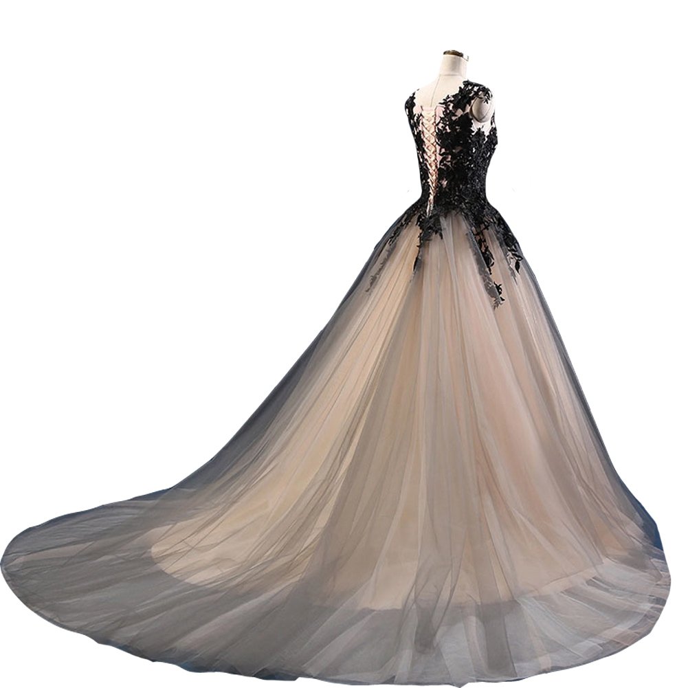 Kivary Gothic Gray Tulle Long Black Lace Sheer Bateau Prom Wedding Dresses | Elegant Gothic Ball Gown for Prom, Wedding & Evening Events
