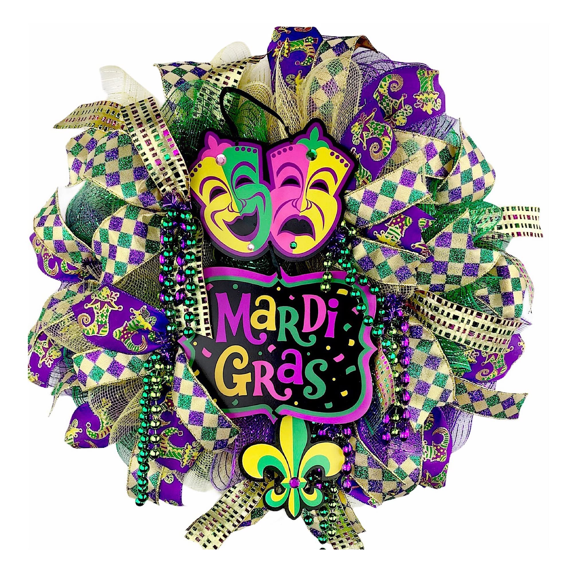 Handmade Comedy Tragedy Wreath with Beads - Mardi Gras Fat Tuesday Wreath Decor for Door, Wall & Party | Unique Carnival Decorations by Paradise Wreath Boutique