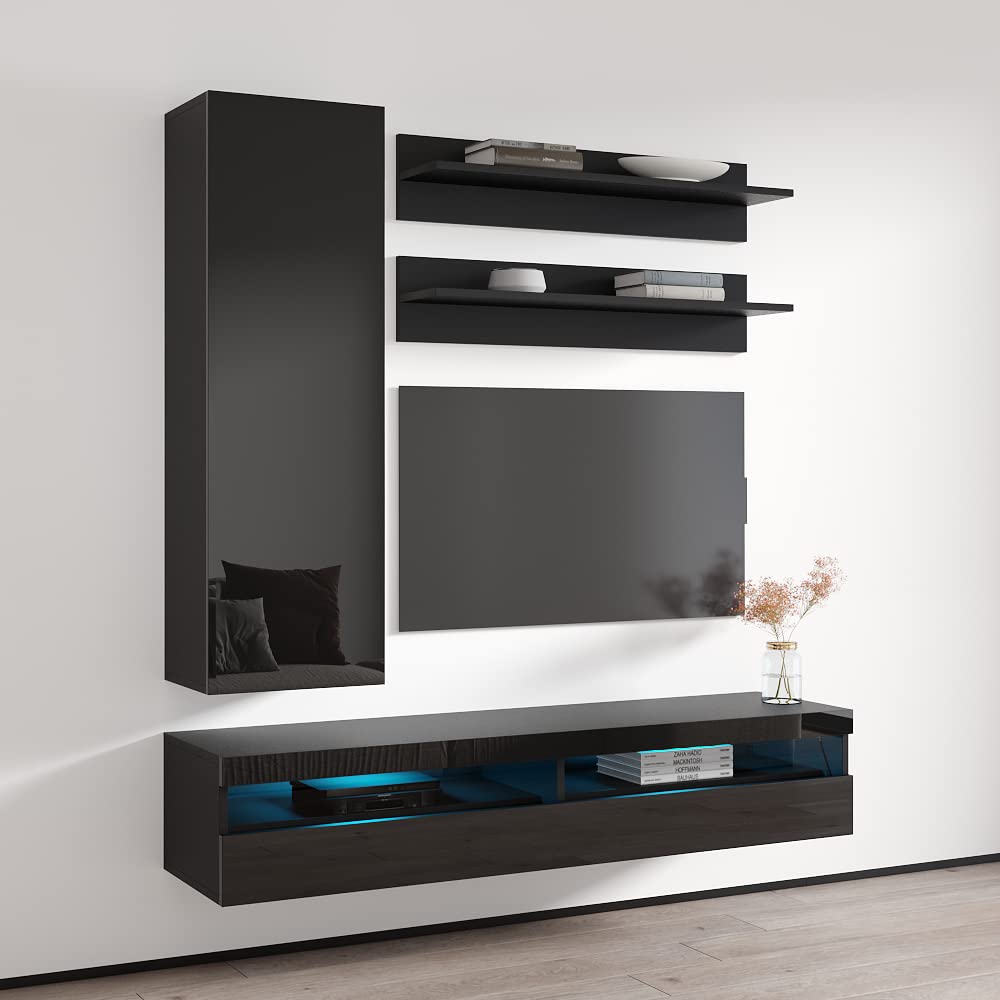 Modern Floating TV Stand with Storage & LED Lights - Wall-Mounted Entertainment Center for Bedroom & Living Room - 35 Inch TV Console with Shelves - Black - Perfect for Small Spaces & Home Theater Setup