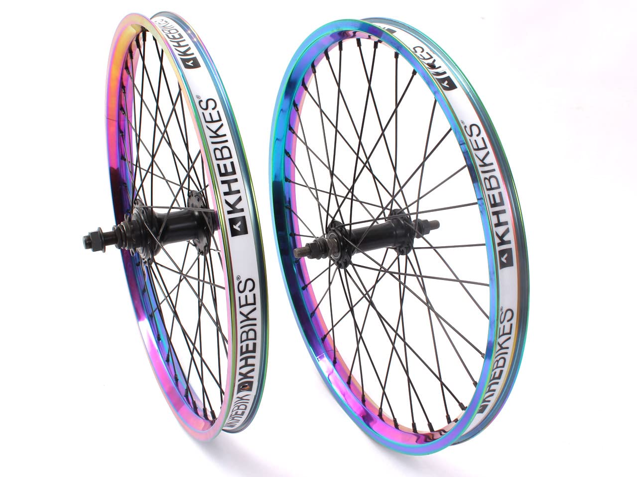 Premium KHE BMX Wheel Set - Oil Slick Aluminium Rim, MVP 36H, 14mm 9T Sprocket with Rim Tape - Perfect for BMX Racing, Street Riding & Freestyle Tricks