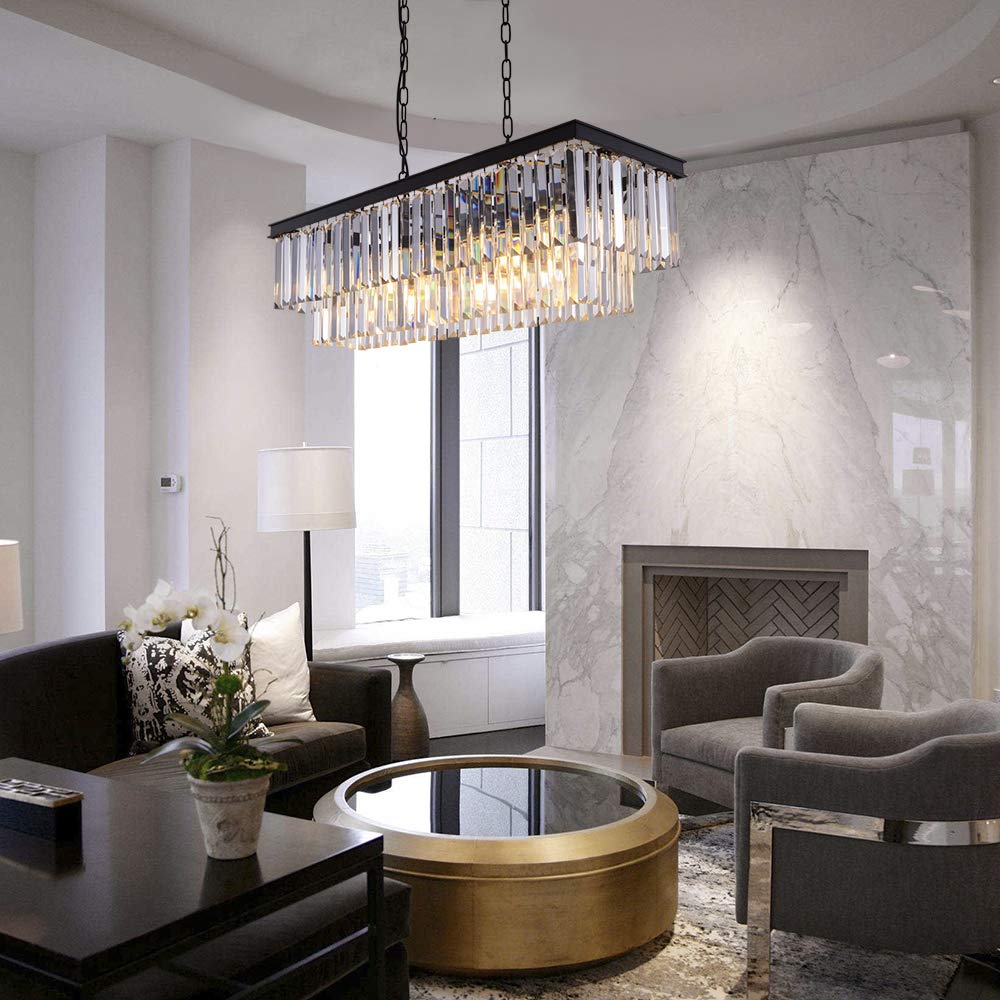 Modern Black Crystal Chandelier - 9-Light Adjustable Rectangle Ceiling Light for Dining Room, Living Room & Kitchen Island | Farmhouse Style Pool Table Lighting Fixture | Elegant Home Decor for Weddings, Restaurants and Luxury Spaces