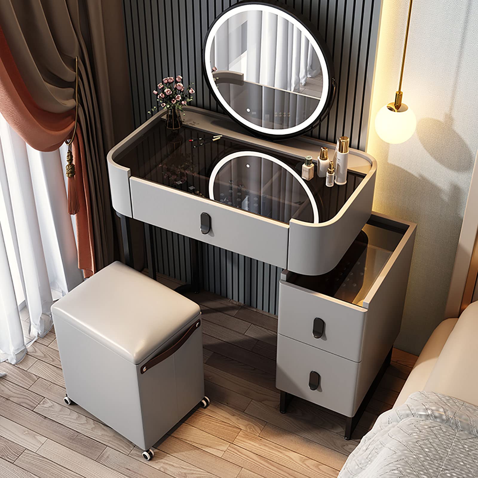 EVILO Dressing Table with LED Lights - Modern Makeup Vanity Set with Storage Cabinet & Glass Top - Elegant Vanity Desk with Stool for Bedroom, Perfect for Beauty Routine & Home Decor