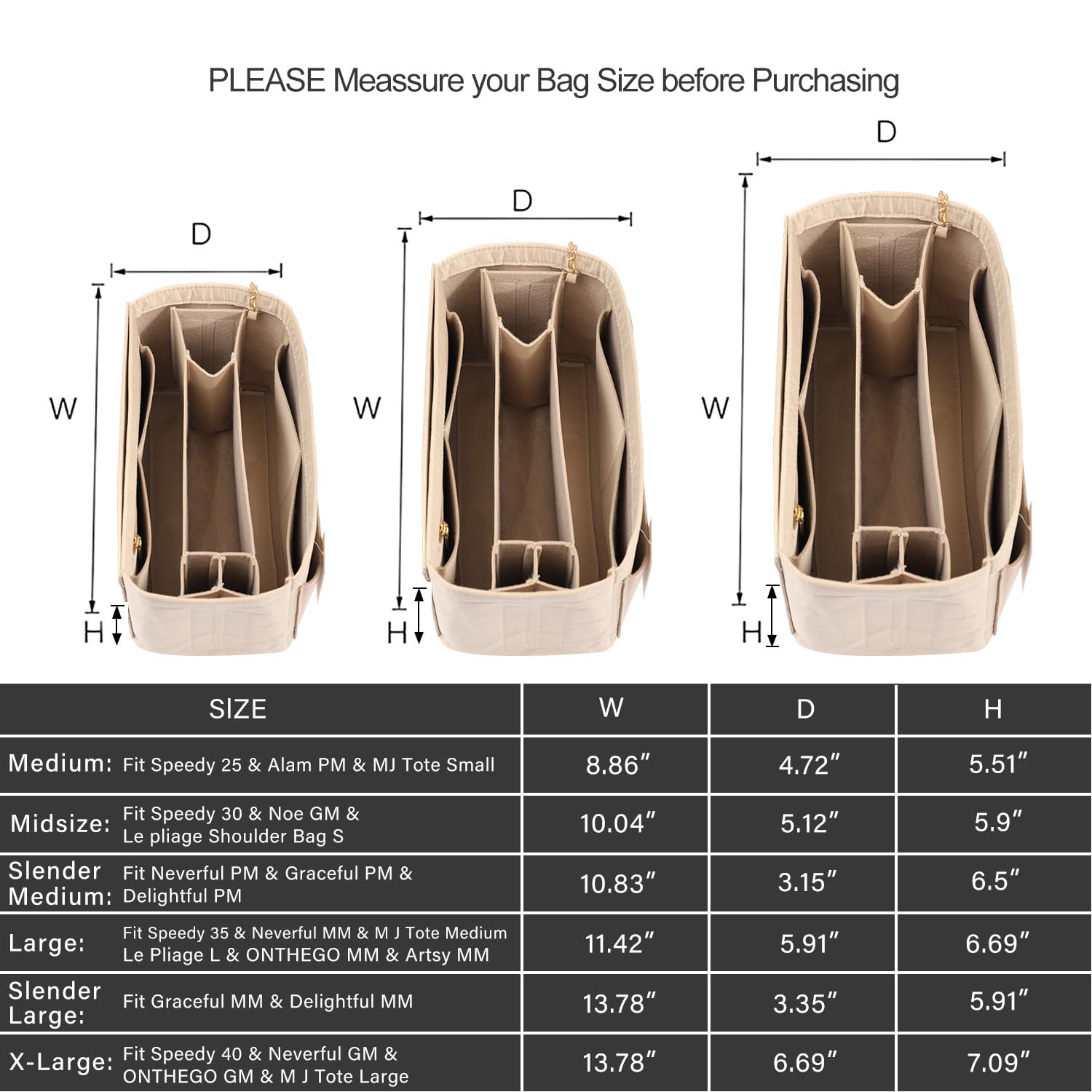 Premium Felt Purse Organizer Insert with Zipper & Sewn Bottom - Perfect Fit for Louis Vuitton Speedy, Neverfull, Graceful Bags (6 Sizes) - Keep Your Handbag Neat & Organized for Work, Travel & Daily Use