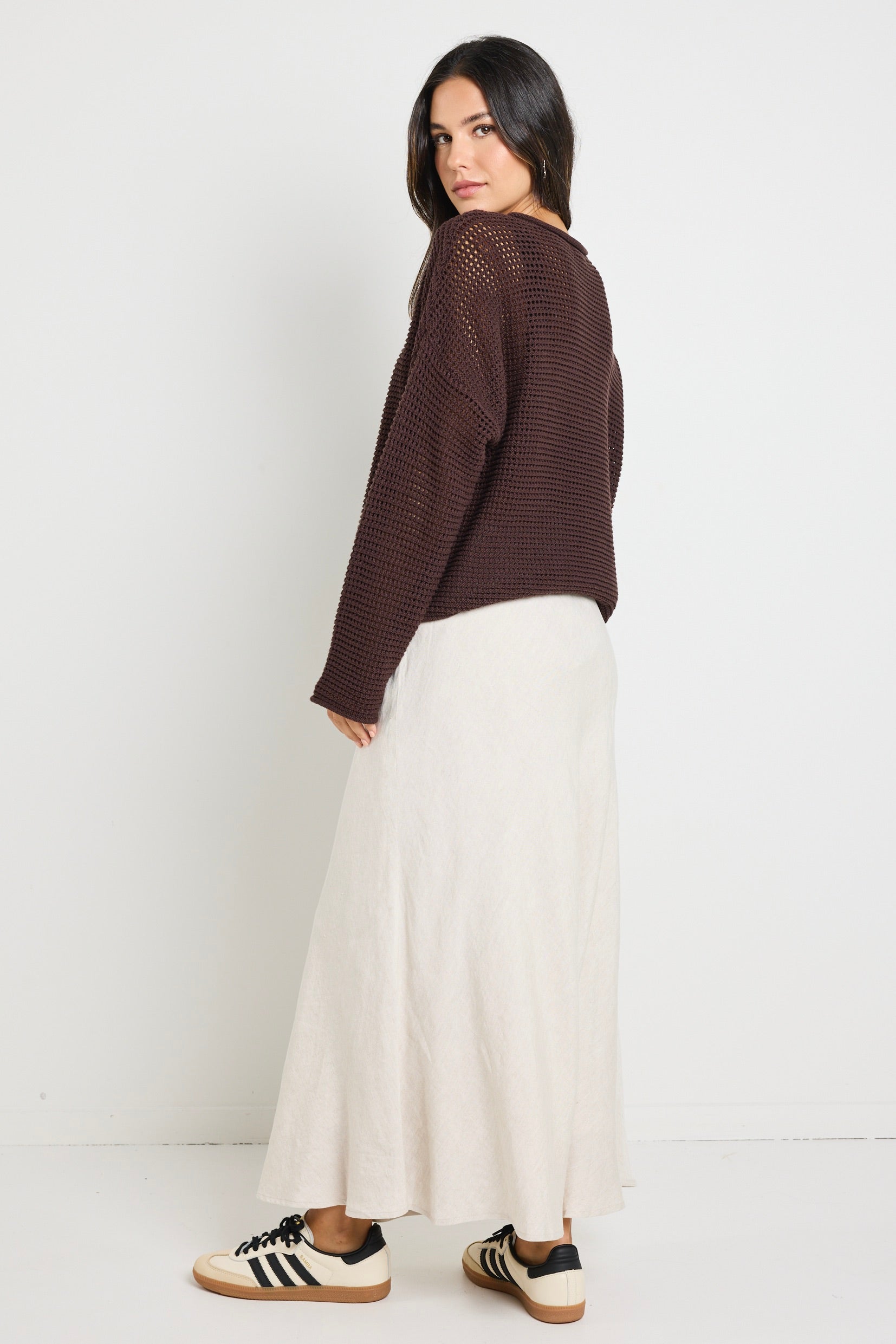 Premium Dawn Chocolate Brown Crochet Knit Jumper Sweater | Women's Boho Chic Winter Pullover | Perfect for Cozy Fall Evenings & Holiday Gatherings