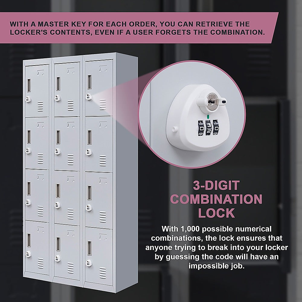 12-Door Locker with 3-Digit Combination Lock for Office, Gym, Shed, School & Home Storage - Secure Organization for Personal Belongings, Equipment & Valuables