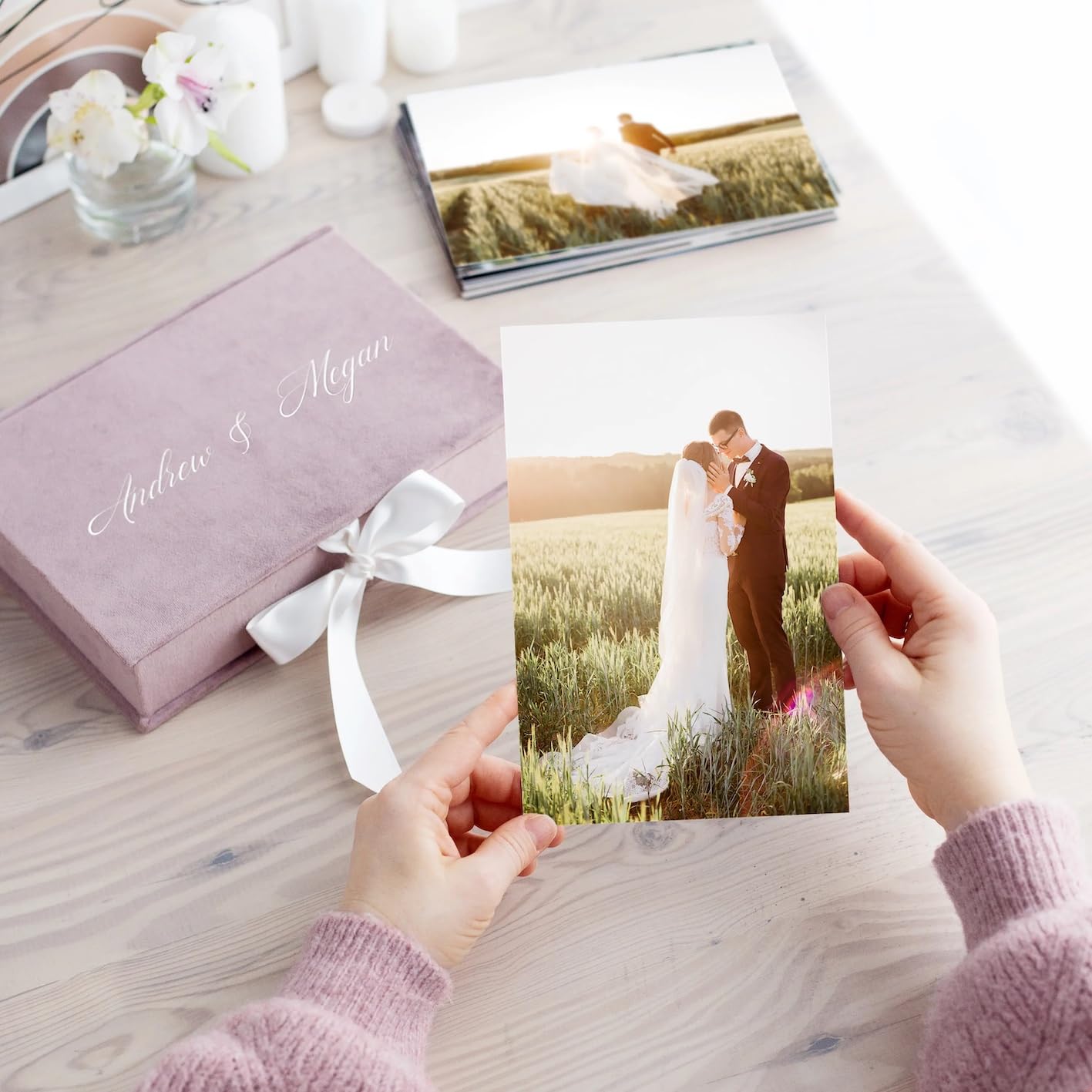 Velvet Photo Storage Box for 4x6, 5x7, 8x10 Photos | Wedding Anniversary Keepsake Gift Box for Couples | Elegant Memory Box with Ribbon Bow | Perfect for Photo Albums, Wedding Favors, and Special Occasion Gifts