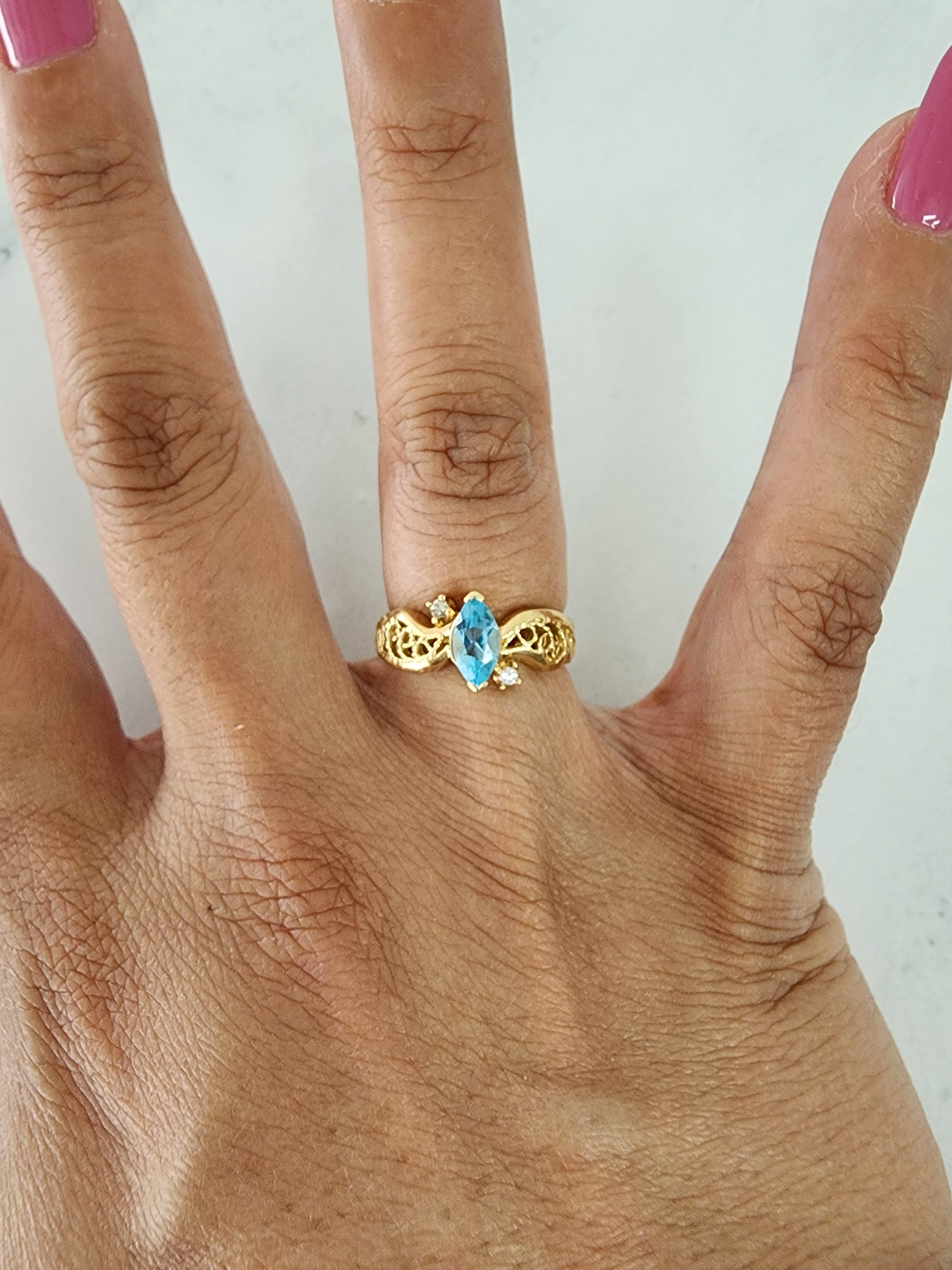 Exquisite Marquise Blue Topaz & Diamond Accent Ring in 14K Yellow Gold | Elegant Jewelry for Weddings, Anniversaries & Special Occasions