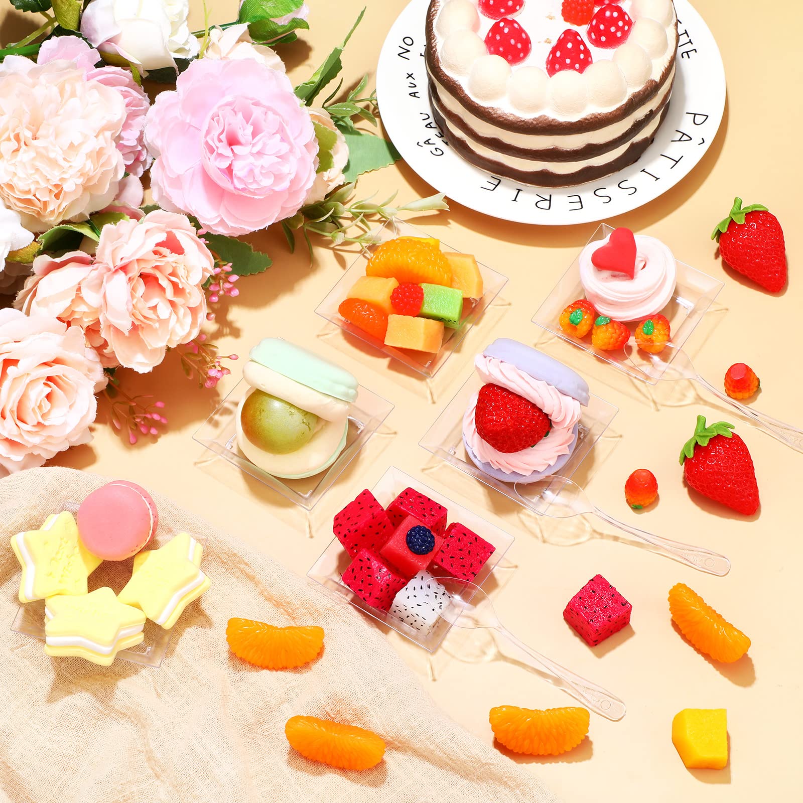 300-Piece Mini Dessert Plates Set with 300 Tasting Spoons - 1 oz Clear Disposable Plastic Appetizer Plates 2.4x2.4 Inch for Cake, Ice Cream, Fruit Salad - Perfect for Wedding Parties, Catering Events & Tastings