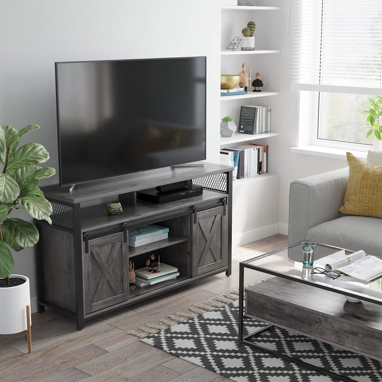 TEZTY 53-Inch Modern TV Stand with Adjustable Storage & Sliding Barn Doors - Mid Century Design TV Cabinet for 60-Inch TVs, Small Shelf Stand for Living Room, Bedroom & Home Theater Setup
