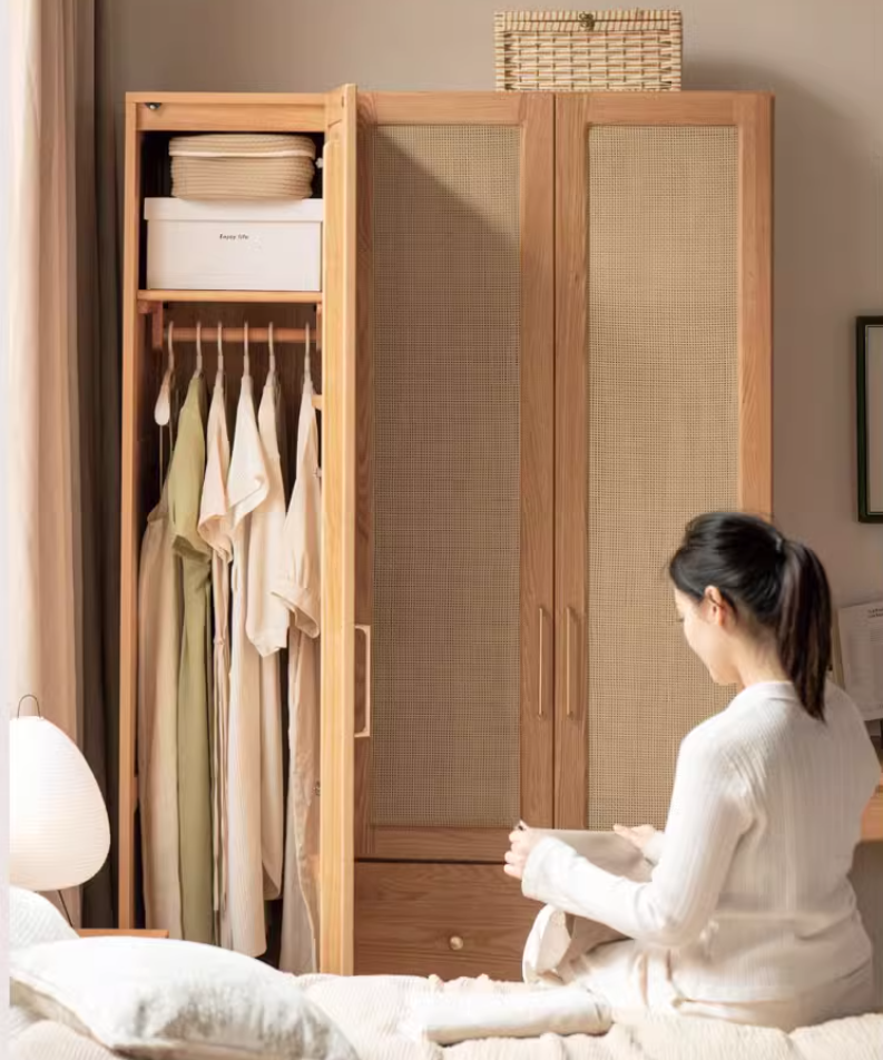 Oak Solid Wood Modular Wardrobe with Rattan Doors - Customizable Closet Storage for Bedroom & Living Room Organization