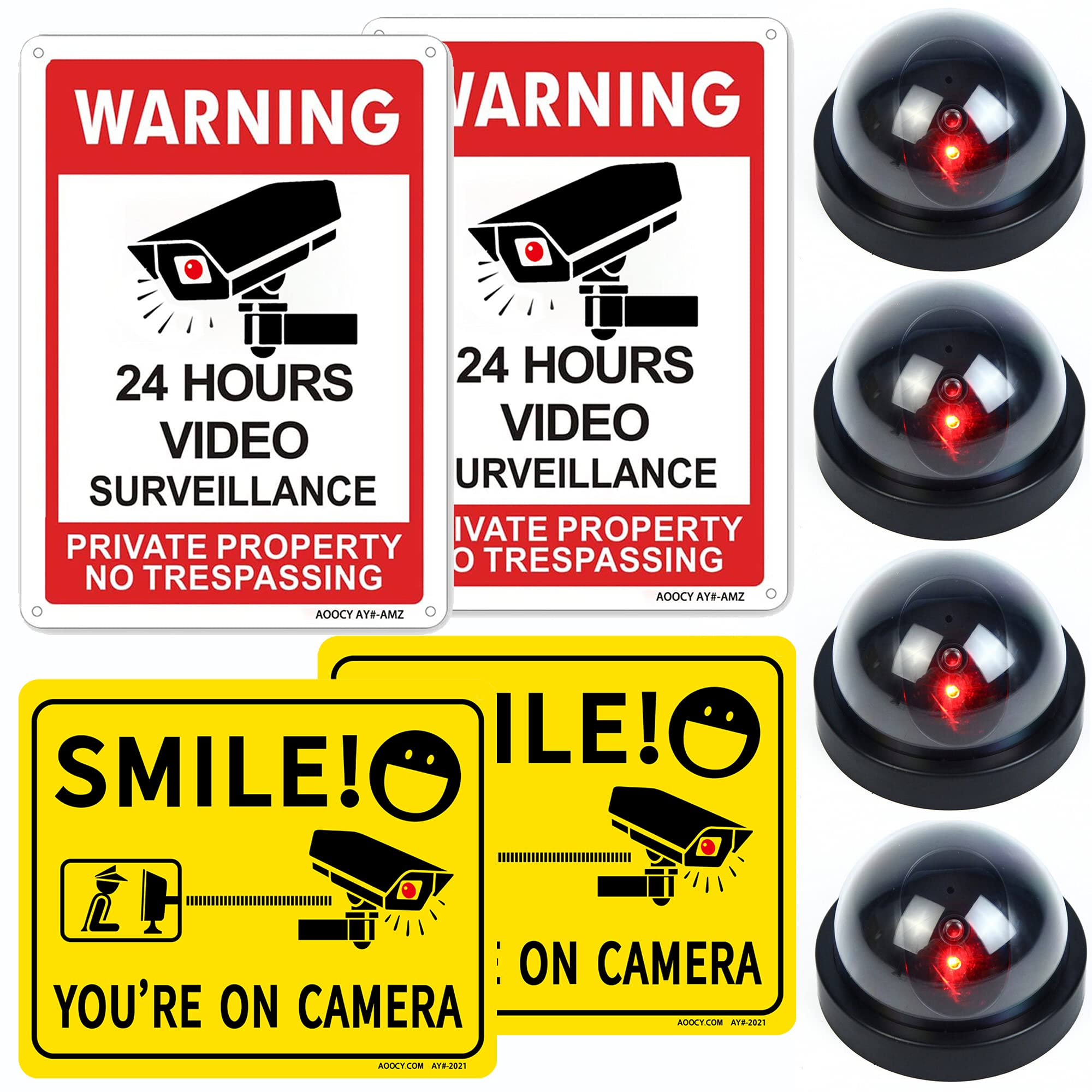 Dummy Security Cameras with Flashing LED Lights - 4 Fake CCTV Cameras, 2 Metal Warning Signs & 2 Stickers - Indoor/Outdoor Home, Office & Building Security - Perfect for Deterring Burglars & Protecting Property