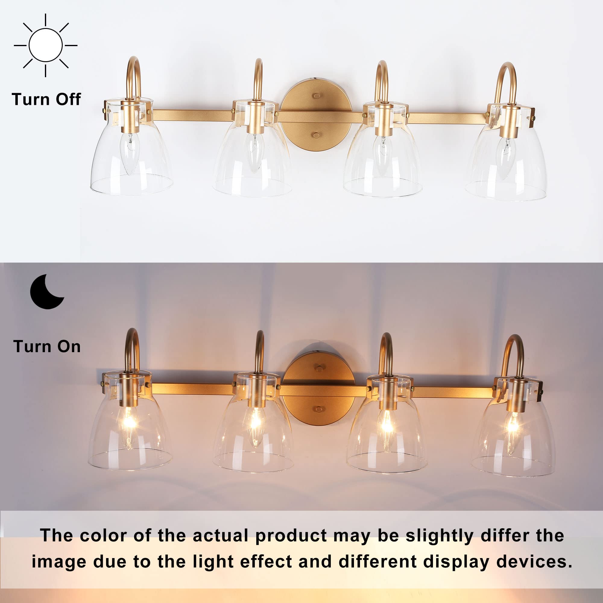 KSANA Gold Vanity Lights - 4 Light Bathroom Mirror Lighting with Clear Glass Shades for Modern Bathrooms