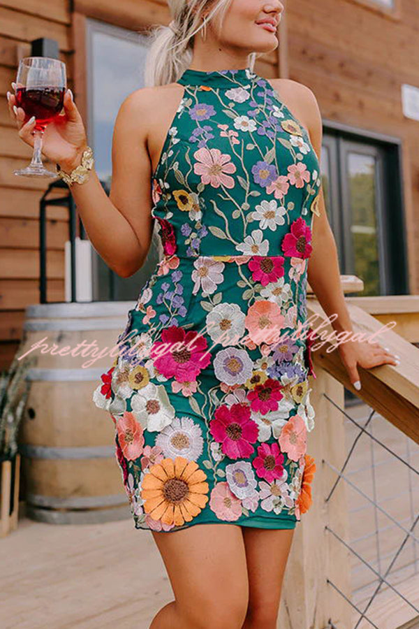 Floral Applique Halter Mini Dress - Elegant Summer Party Dress for Women | Perfect for Weddings, Beach Vacations & Date Nights