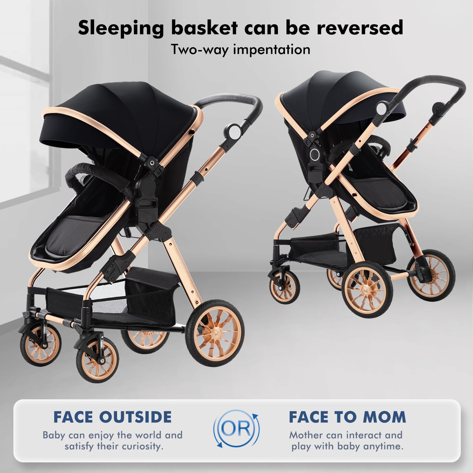 Blahoo Baby Stroller for Toddlers - Lightweight Foldable Aluminum Alloy Bassinet Pushchair with Adjustable Backrest & Reversible Seat | Perfect for Newborns, Infants & Travel | Gold & Black Design