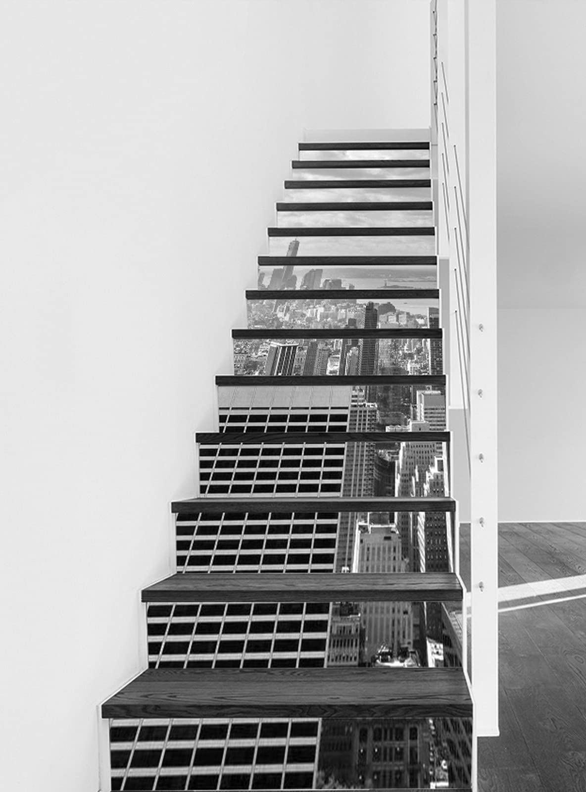 3D Self-Adhesive Removable Stair Stickers - Empire State Building Cityscape Black & White Vinyl Decals (13-Piece Set) | Non-Slip Stair Treads, Wall & Tile Decor for Home, Kitchen, Office