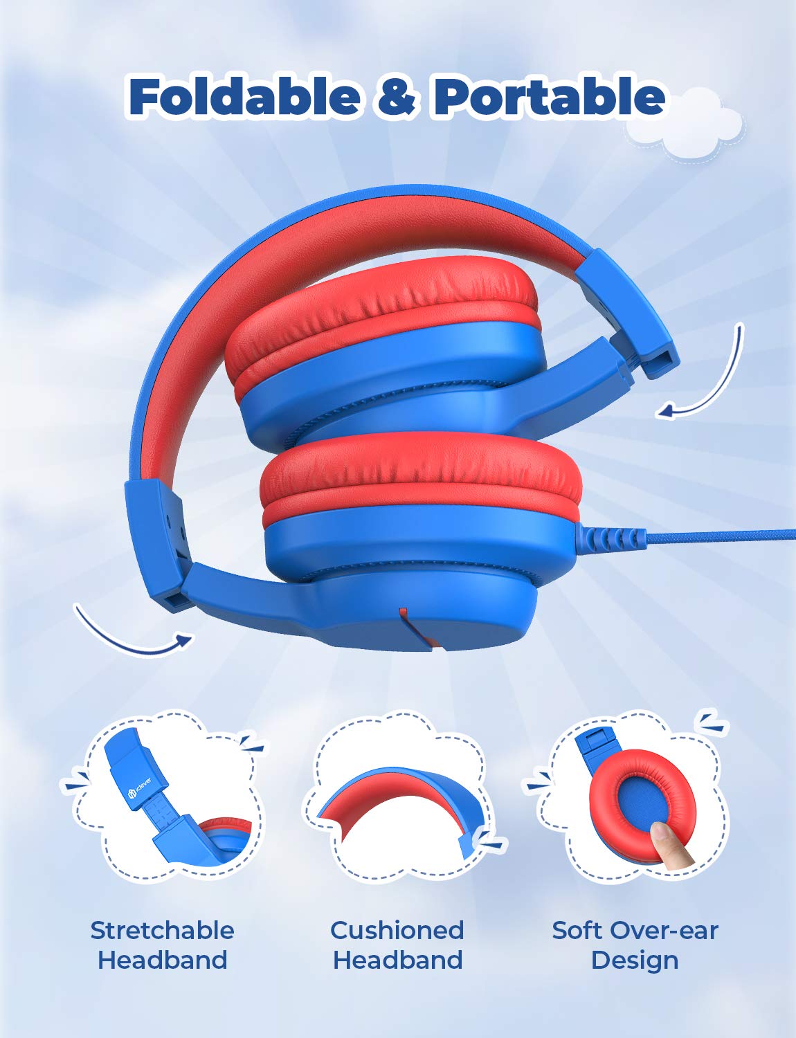 iClever Kids Headphones with Safe Volume Limit 85/94dB - Over-Ear Stereo Headphones for Boys & Girls, Foldable Wired Headset with HD Mic for School, Travel, iPad, Computer - Perfect for Online Classes & Airplane Trips (Model HS19)