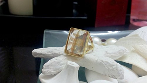 Rectangle Gold Ring with Golden Rutilated Quartz Gemstone - Elegant Bezel Setting Large Statement Ring - Perfect Wedding Gift & Bridal Jewelry (Ideal for Engagement, Anniversary, or Special Occasion Gift)