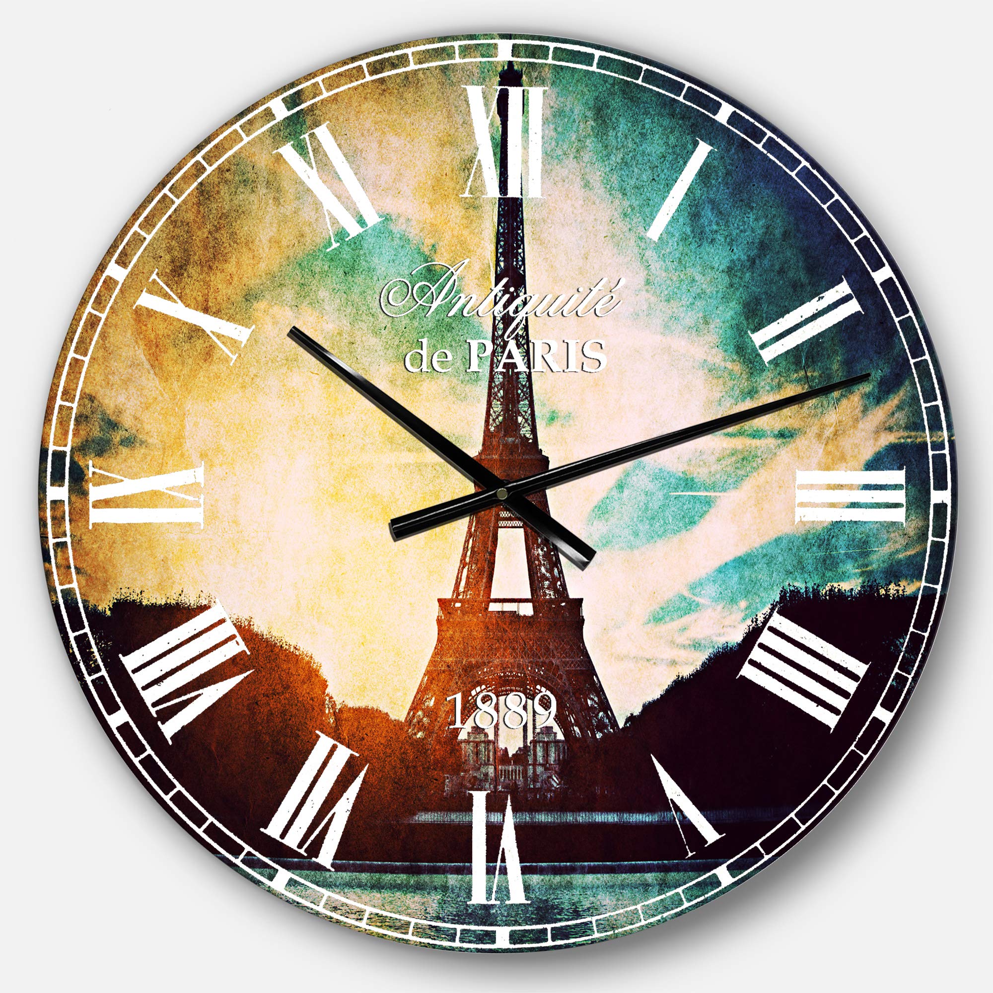 Designart Paris Eiffel Tower Retro Style French Country Round Wall Clock - Vintage Metal Wall Art Decor for Living Room, Bedroom, Office | Perfect Home Décor Gift for Francophiles & Travel Lovers