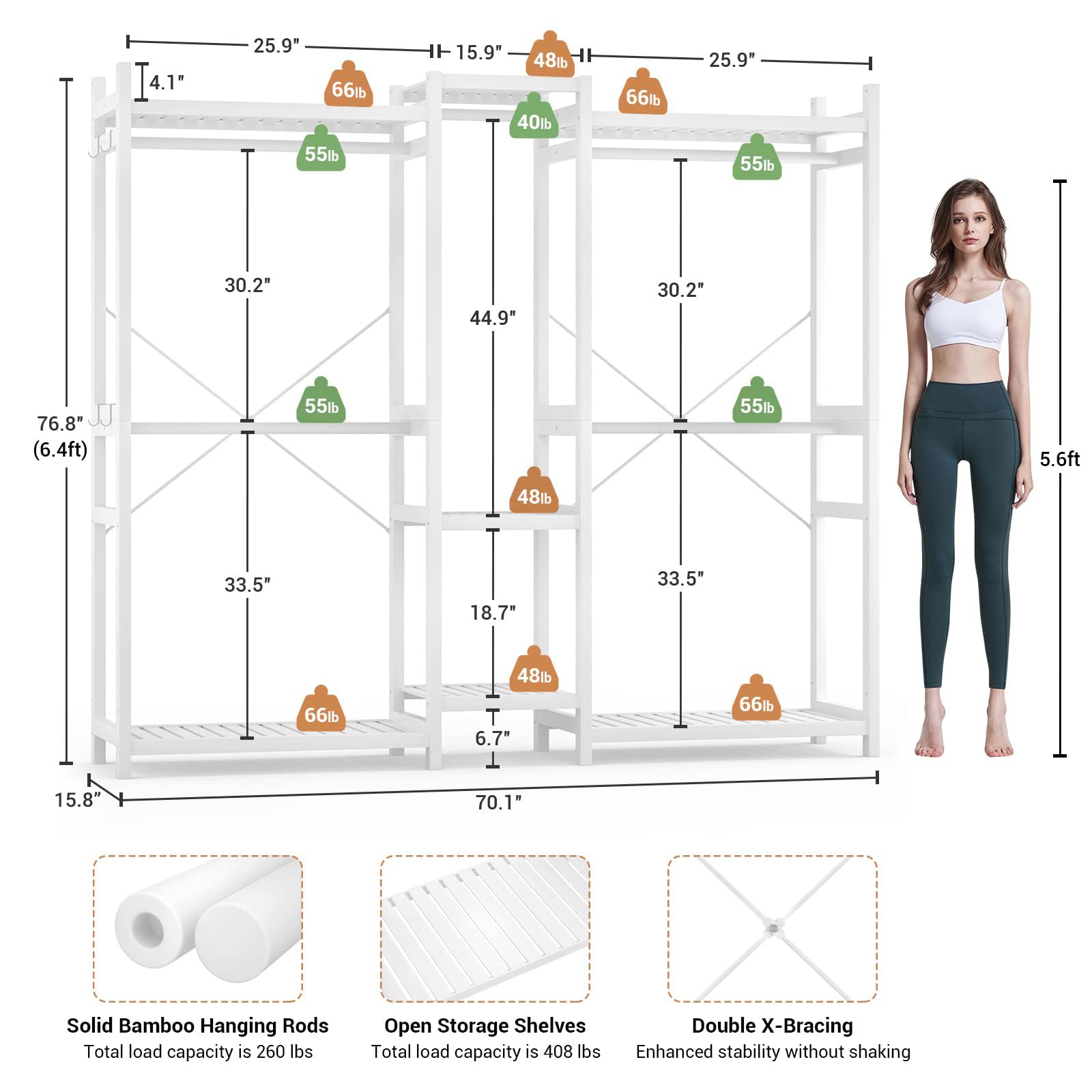 Homykic Bamboo Closet System - Large Freestanding Garment Rack with 7 Shelves & 5 Rods, Open Wardrobe Organizer with 4 Hooks for Hanging Clothes - Perfect for Bedroom, Closet, Laundry Room & Dorm Organization (White)