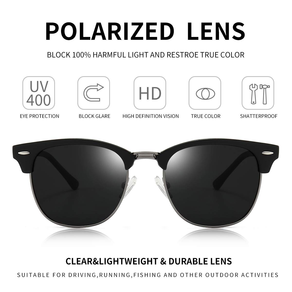 Polarized Browline Sunglasses for Men & Women - Classic Retro Semi-Rimless Frame with UV 400 Protection - Perfect for Driving, Beach & Outdoor Activities
