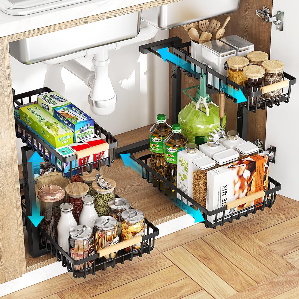 2-Tier Under Sink Organizer with Slide-Out Drawers - Metal Pull-Out Cabinet Storage for Kitchen, Bathroom & Pantry (2-Pack) - Perfect for Maximizing Space Under Sinks and Cabinets
