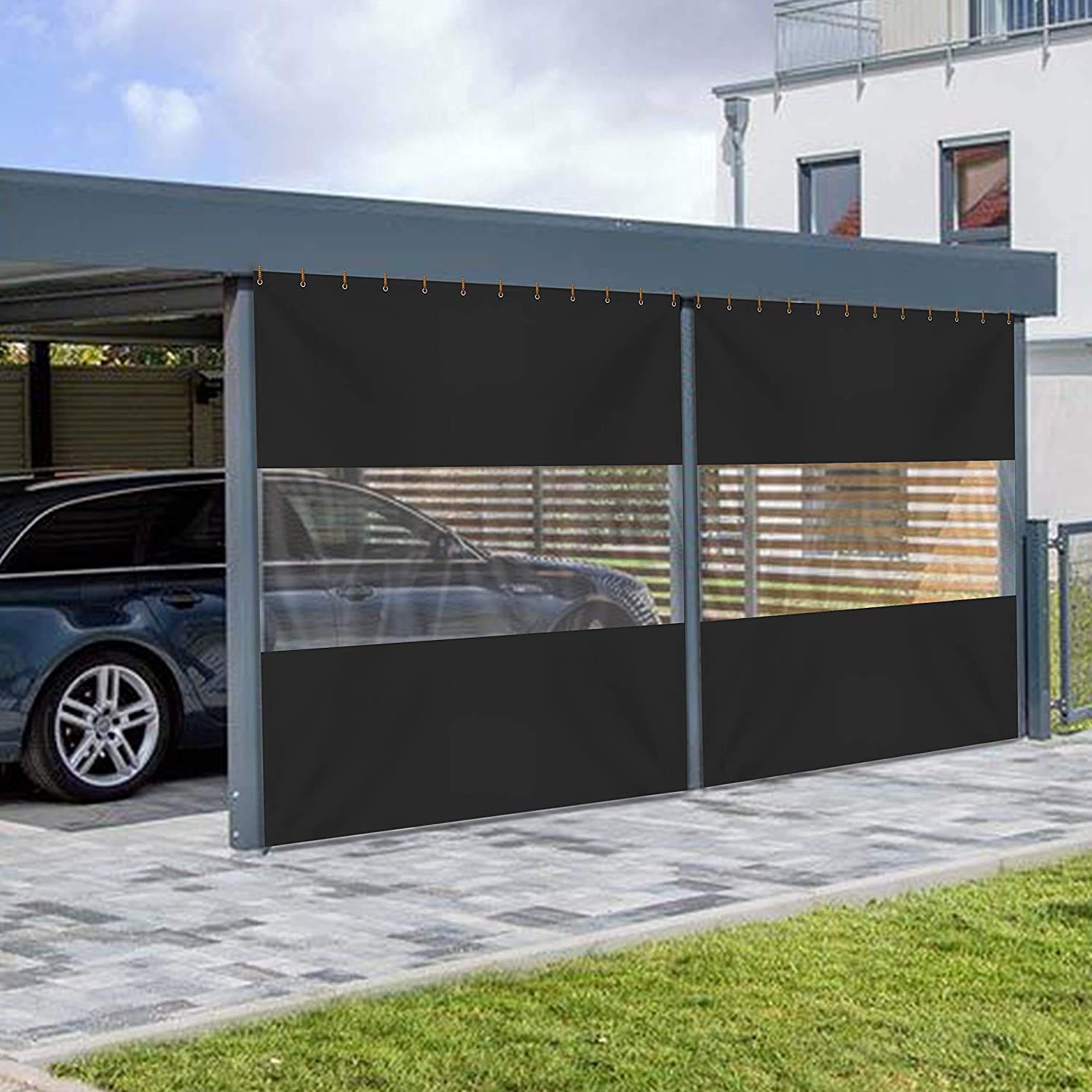 12 oz Vinyl Clear Panel Outdoor Curtains - Waterproof & Weather Resistant Patio Covers with Brass Grommets for Pergola, Porch, Gazebo & Balcony (15’H x 7’W, Black) - Perfect for Sun Protection, Privacy & Outdoor Living Spaces