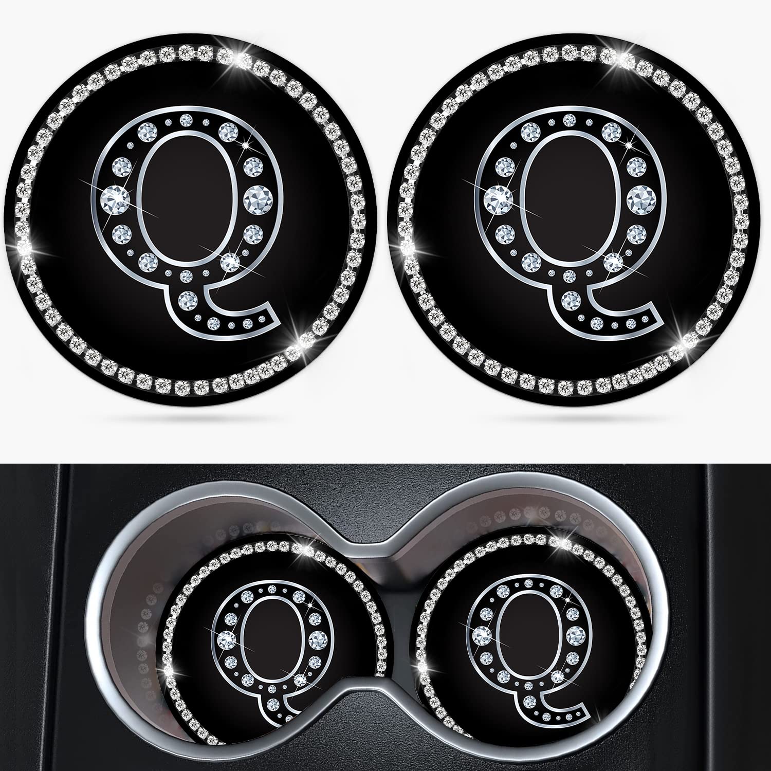 Jupswan 2-Pack Bling Crystal Rhinestone Silicone Car Cup Holder Coaster - Letter Q Initial Design for Women & Men | Automotive Accessories & Decor | Perfect for Road Trips, Commuting & Gift Giving