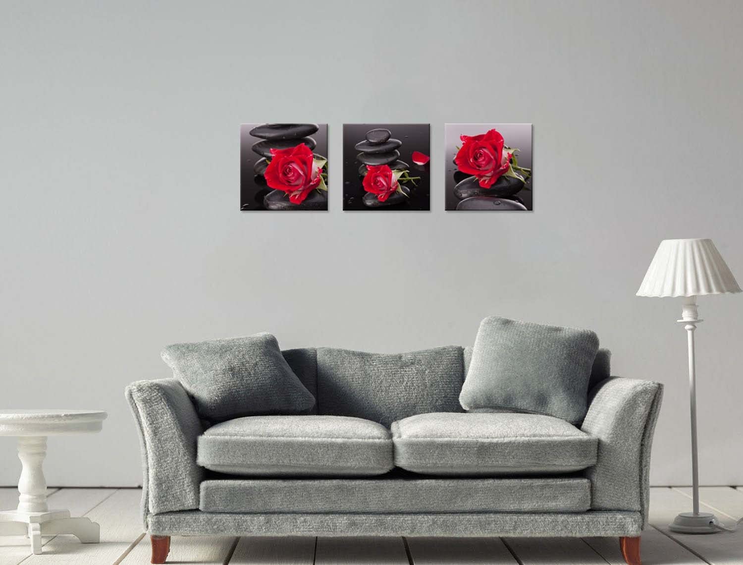 Red Canvas Wall Art - Zen Stones & Rose Pictures for Bedroom, Living Room, Kitchen & Bathroom Decor | Black & White Spa Style Home Decorations | Flower Paintings & Wall Artwork for Relaxing Spaces