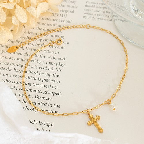 18K Gold Pearl Cross Charm Anklet Chain for Women - Elegant Adjustable Ankle Bracelet for Daily Wear, Gift, and Special Occasions | S098